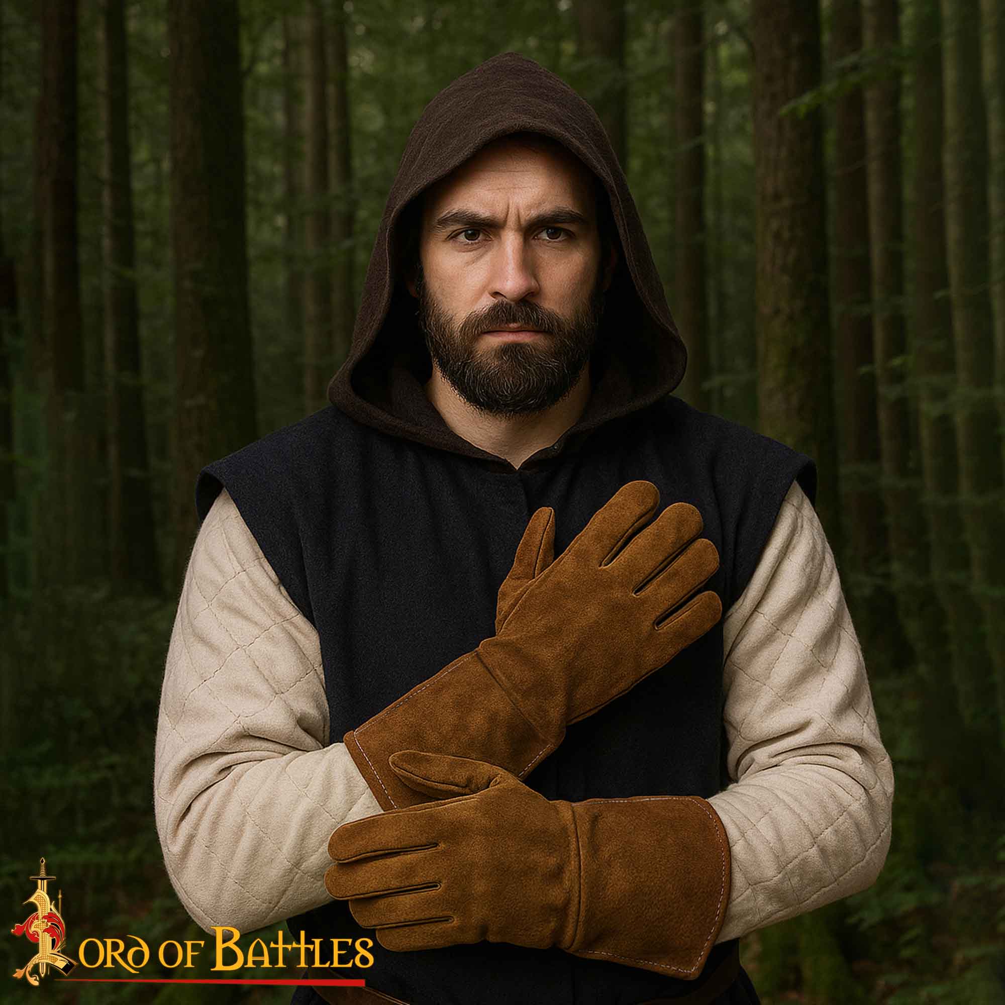 Guantes medievales de ante 38 cm con costura interior — Marrón / Negro - imagen 6
