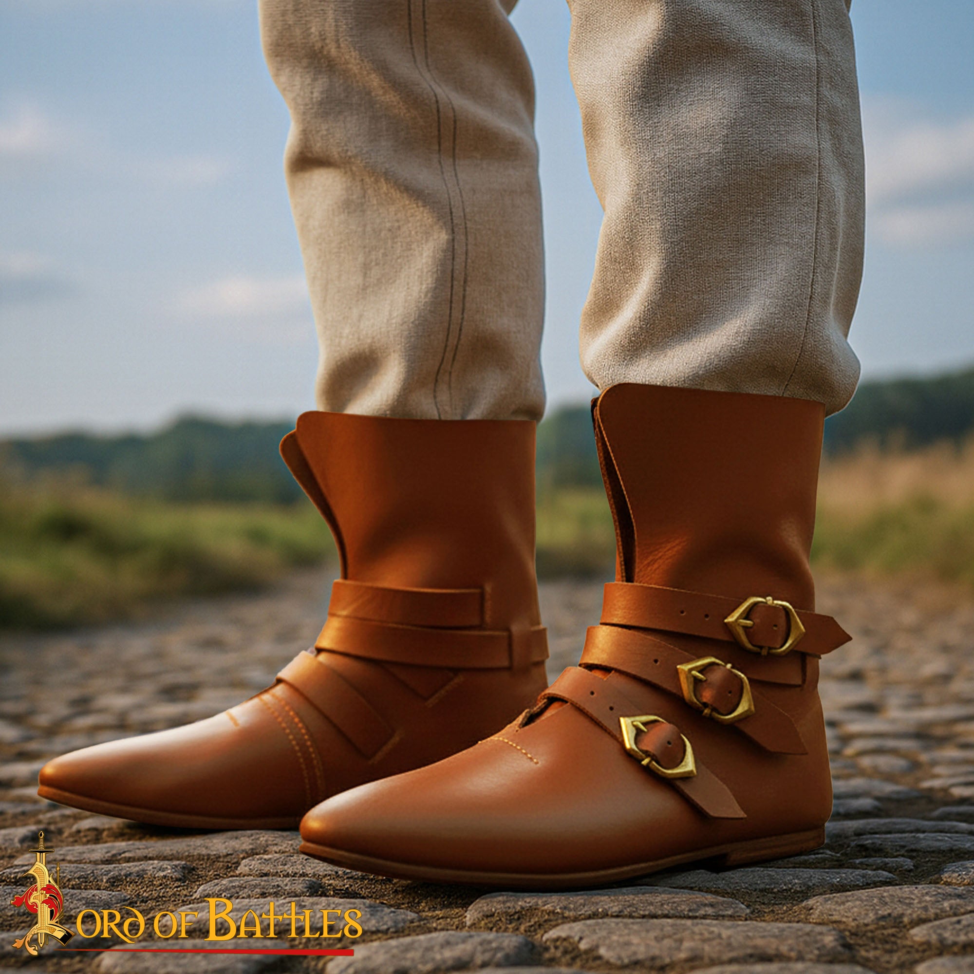 Botas de cuero siglo XV con triple hebilla de latón