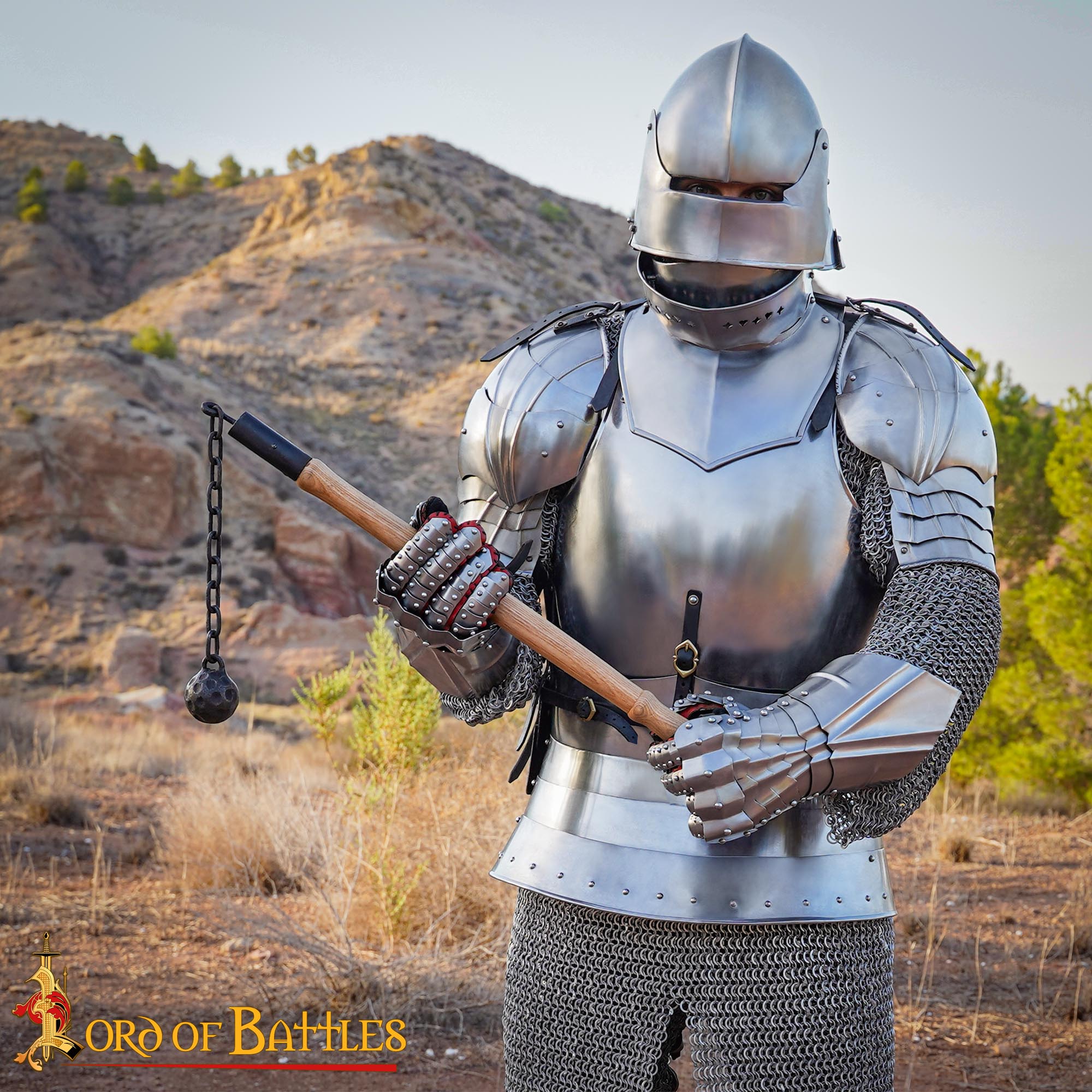 Maza de cadena medieval con bola de hierro y mango de madera - imagen 10