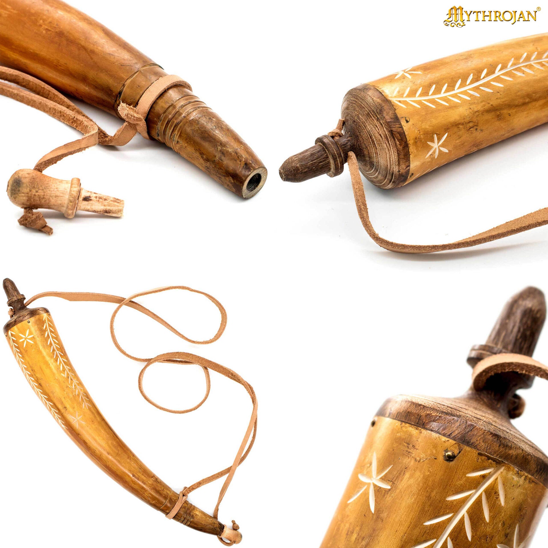 Polvorera vikinga de cuerno con correa de cuero - imagen 4