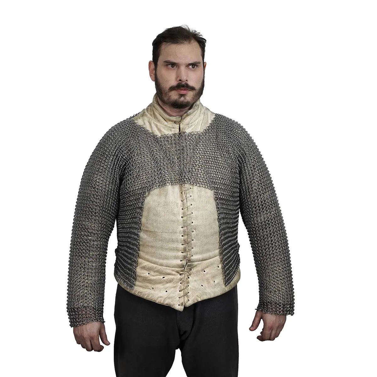 Hauberk de malla medieval (media longitud) — anillas 9 mm, alambre 16 gauge, acero muelle