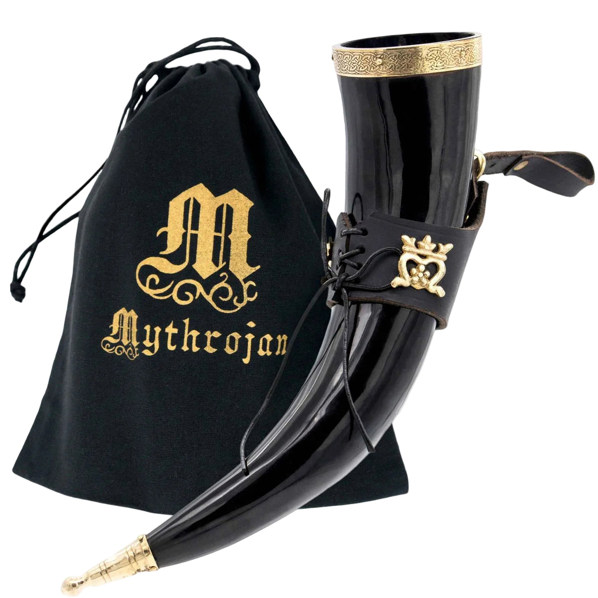 Cuerno vikingo para beber "The Elegant Lady" con soporte de cuero negro - Acabado pulido