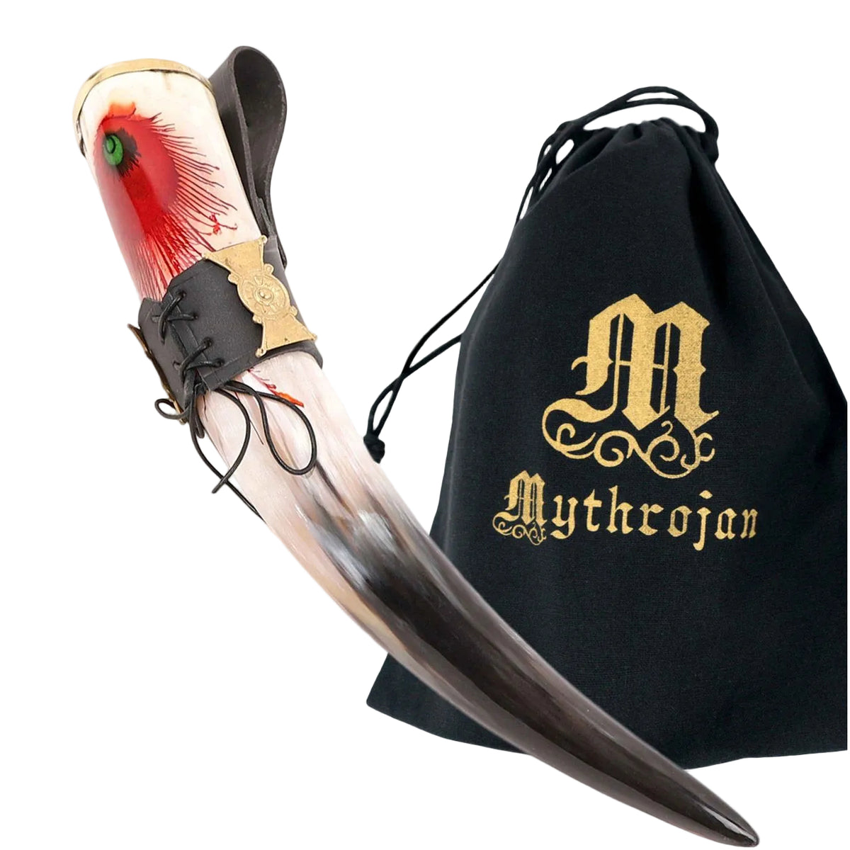Cuerno de beber vikingo 350 ml con soporte de cuero, acabado pulido