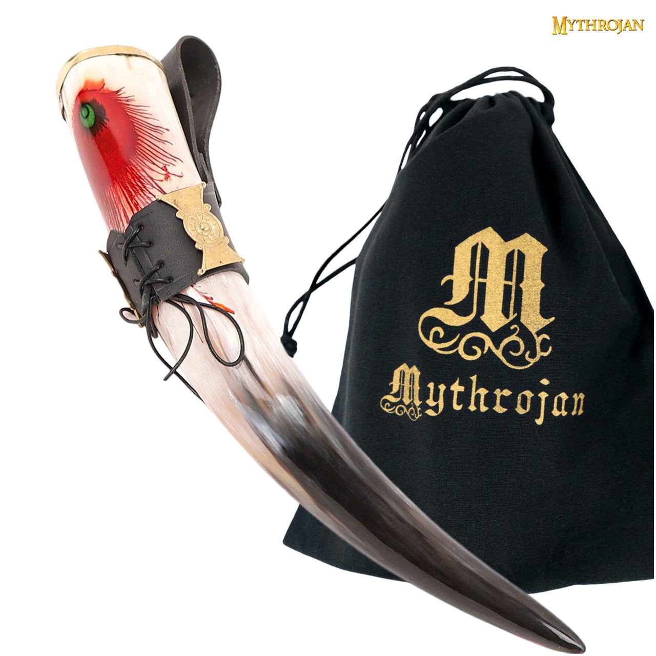 Cuerno de beber vikingo 350 ml con soporte de cuero, acabado pulido
