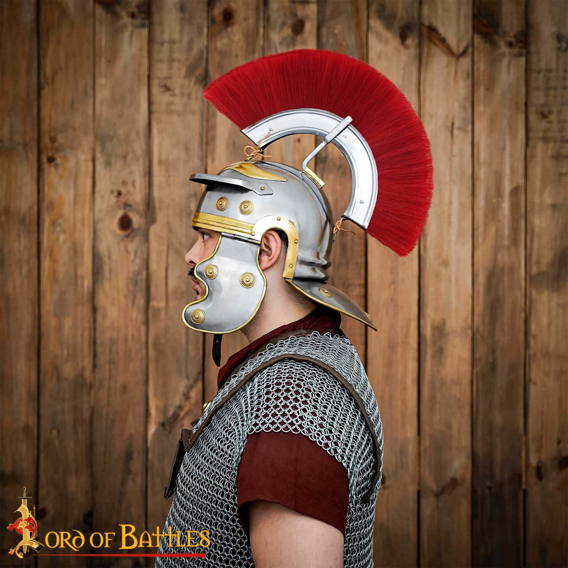 Imagen única de: Casco de Galo Imperial Romano del Siglo I con Cresta Roja, Hecho a Mano de Forma Tradicional - Acero y Latón Pulidos