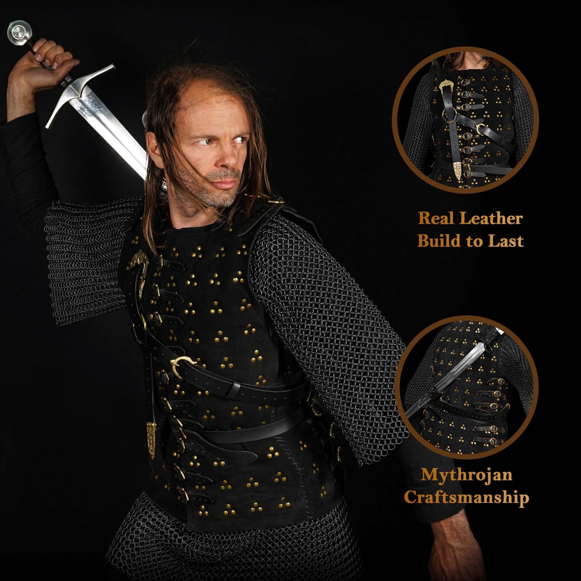 Imagen única de: Mythrojan Geralt Back Scabbard, Ideal para Larp Cosplay y Eventos Medievales Cuero de Grano Completo Negro