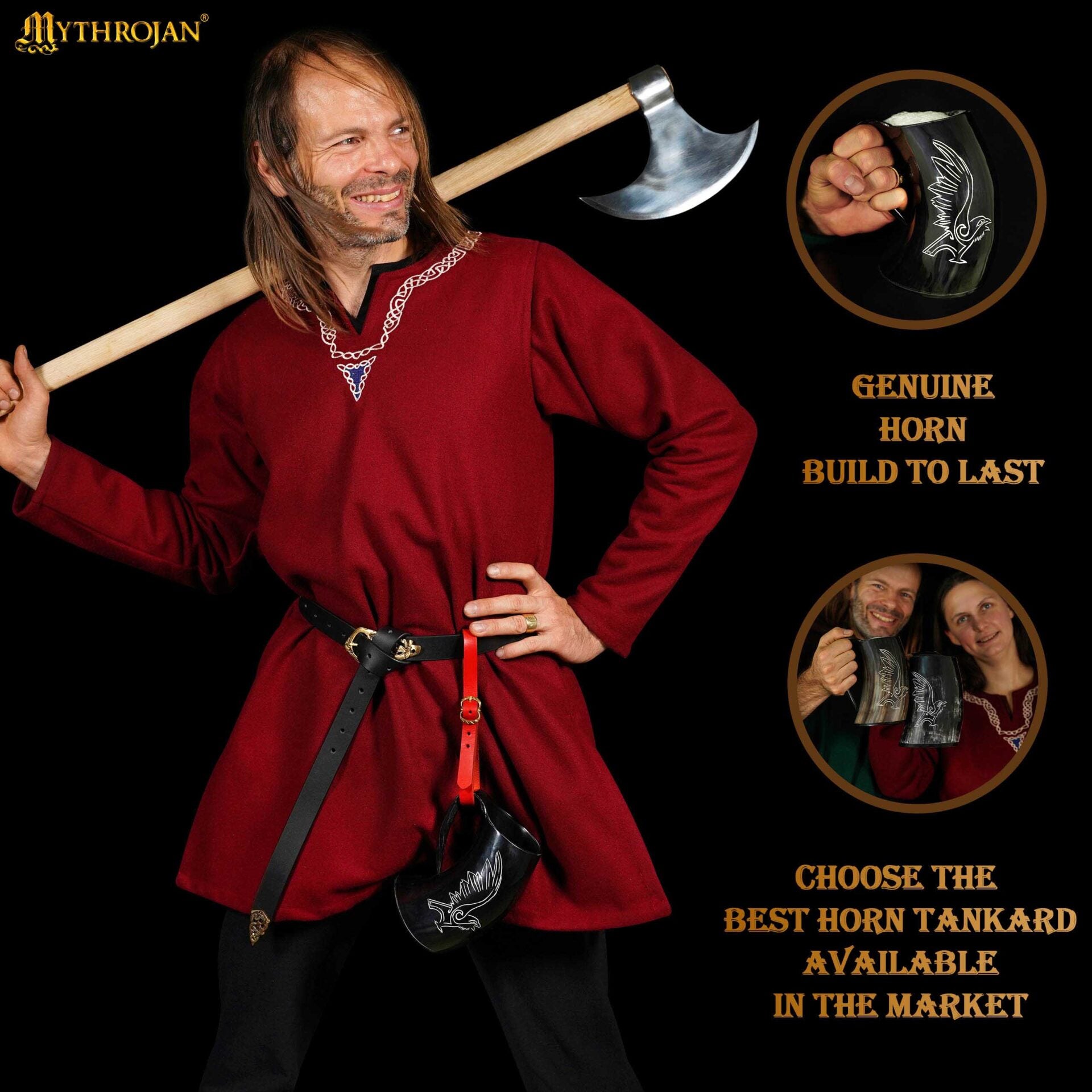 Jarra vikinga de cuerno de buey con soporte de cuero y hebilla de latón - imagen 18
