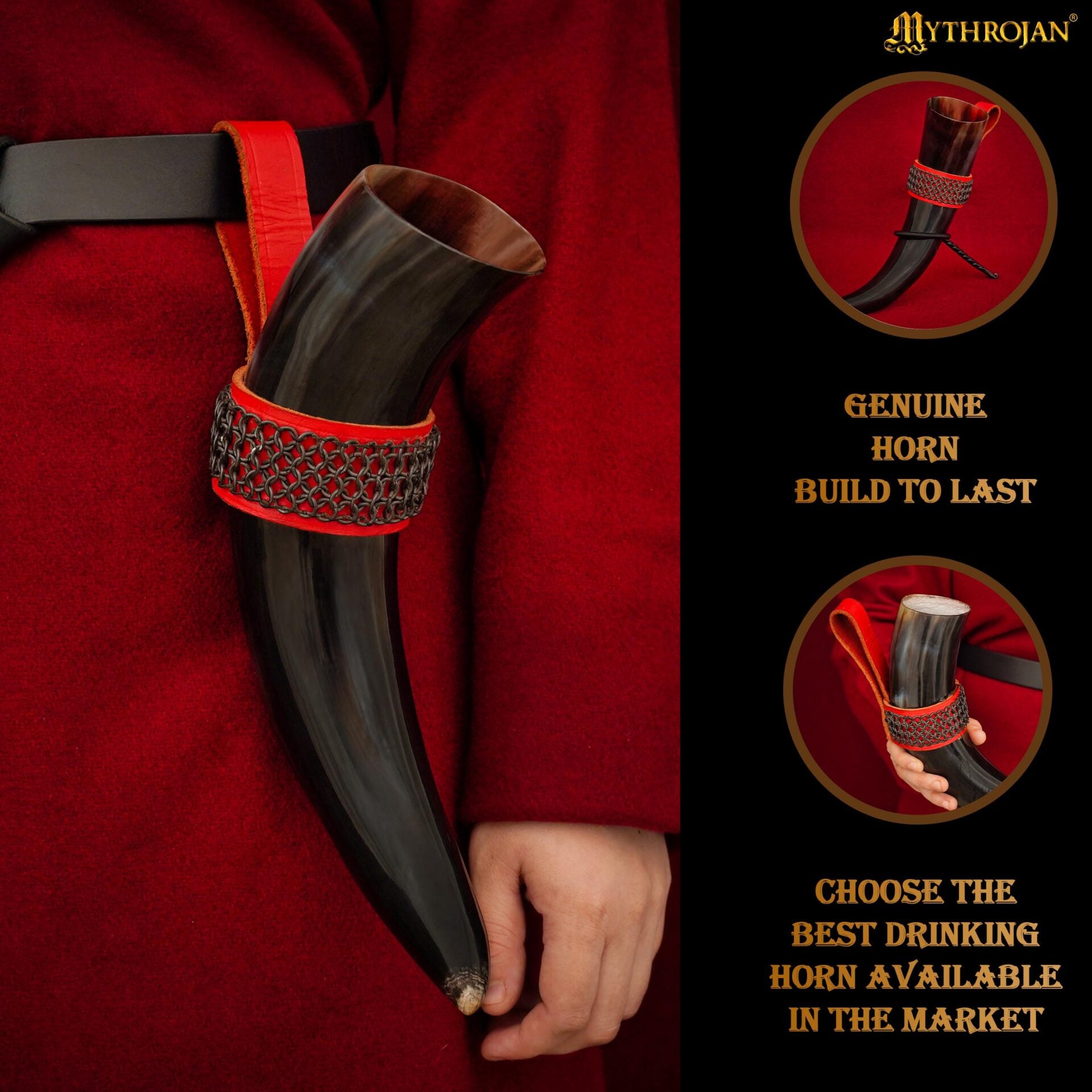 Imagen única de: Mythrojan El Compañero del Brujo – Cuerno Vikingo 350 ml Pulido con Soporte Rojo