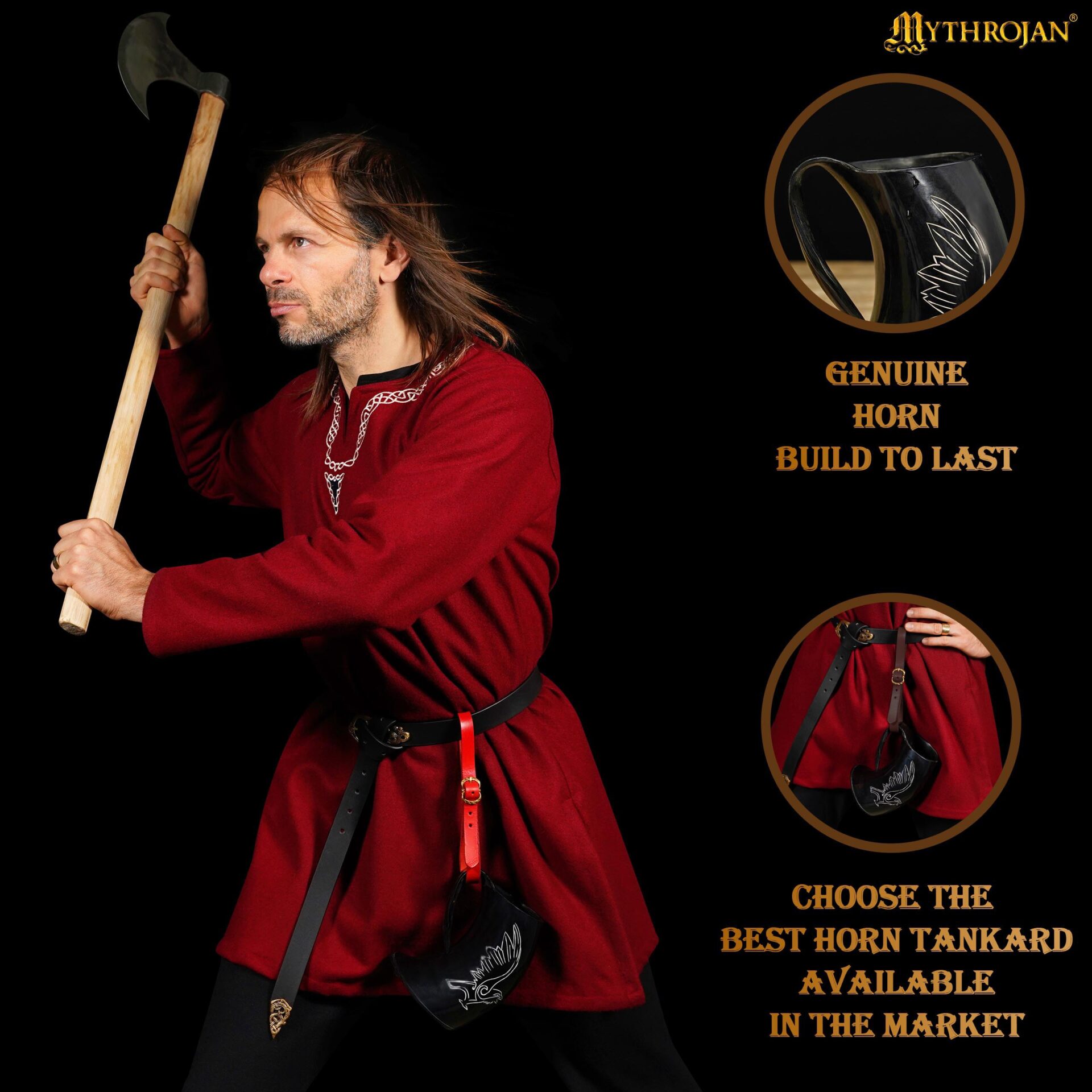 Jarra vikinga de cuerno de buey con soporte de cuero y hebilla de latón - imagen 10