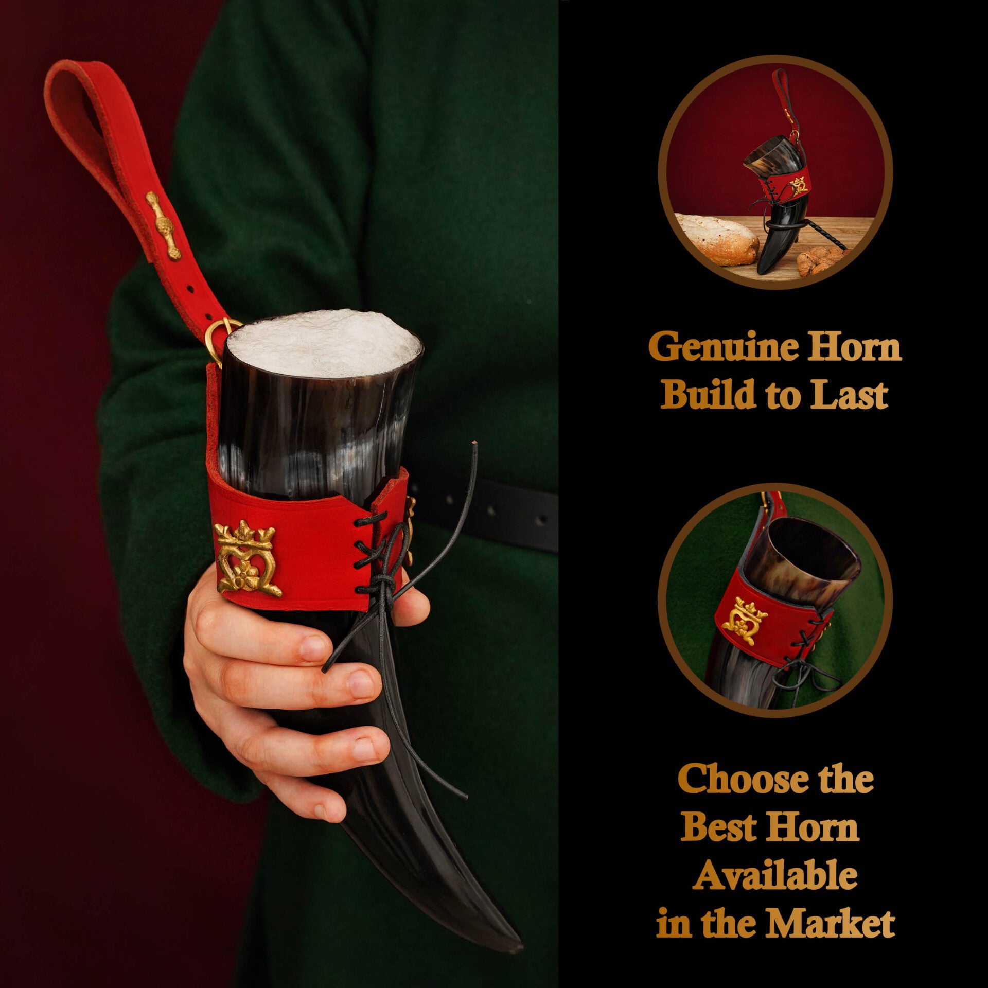Imagen única de: Mythrojan The Elegant Lady 250 Ml Cuerno Vikingo para Beber con Soporte de Cuero Rojo