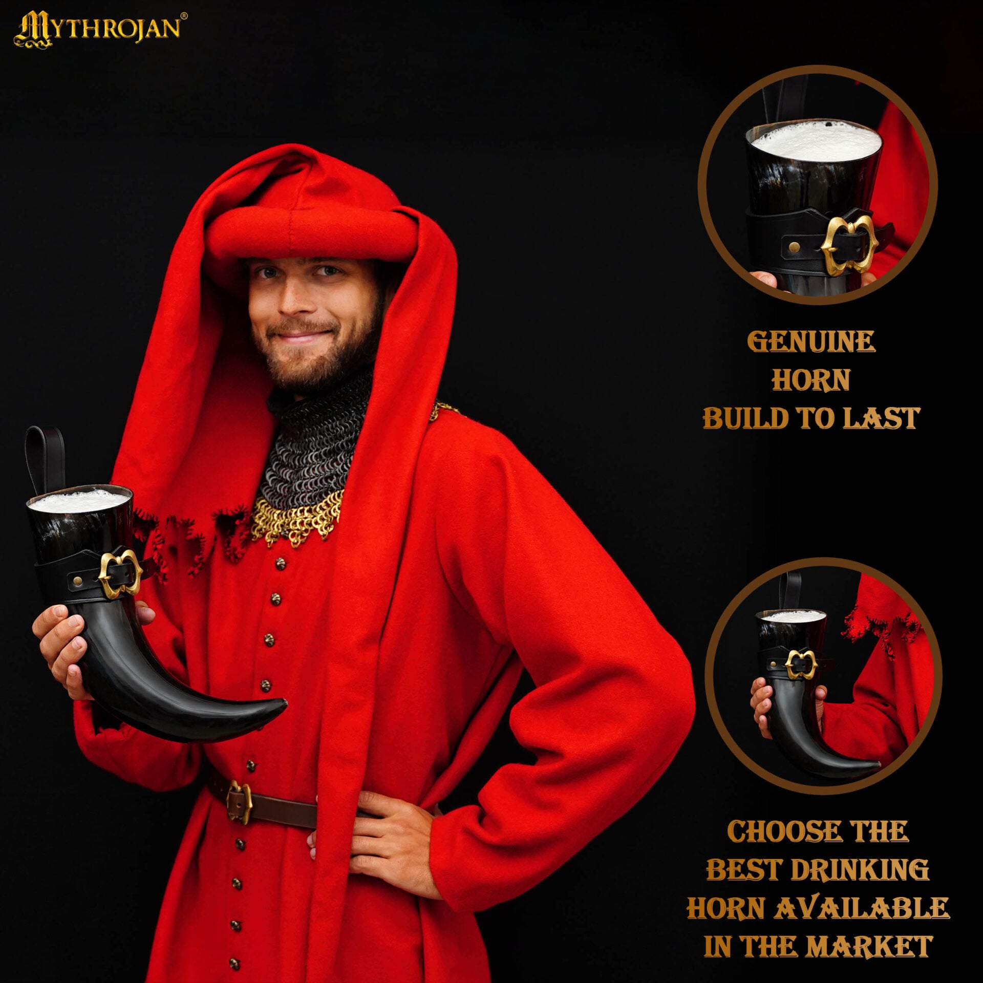 Cuerno vikingo para beber Mythrojan “The Loyal Soldier” — 600 ml con soporte de cuero negro - imagen 2