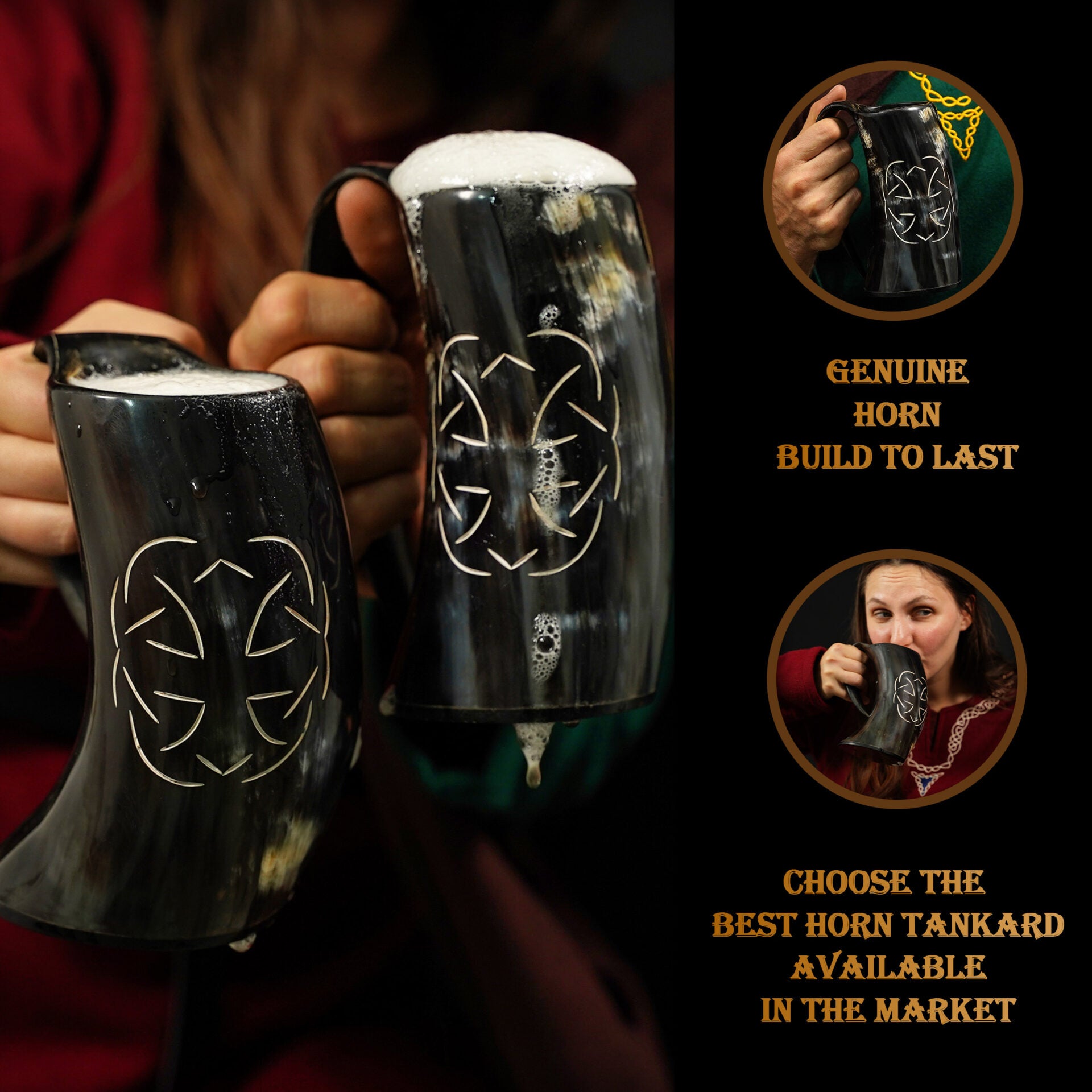 Cuerno vikingo para beber con grabado geométrico y correa de cuero - imagen 7