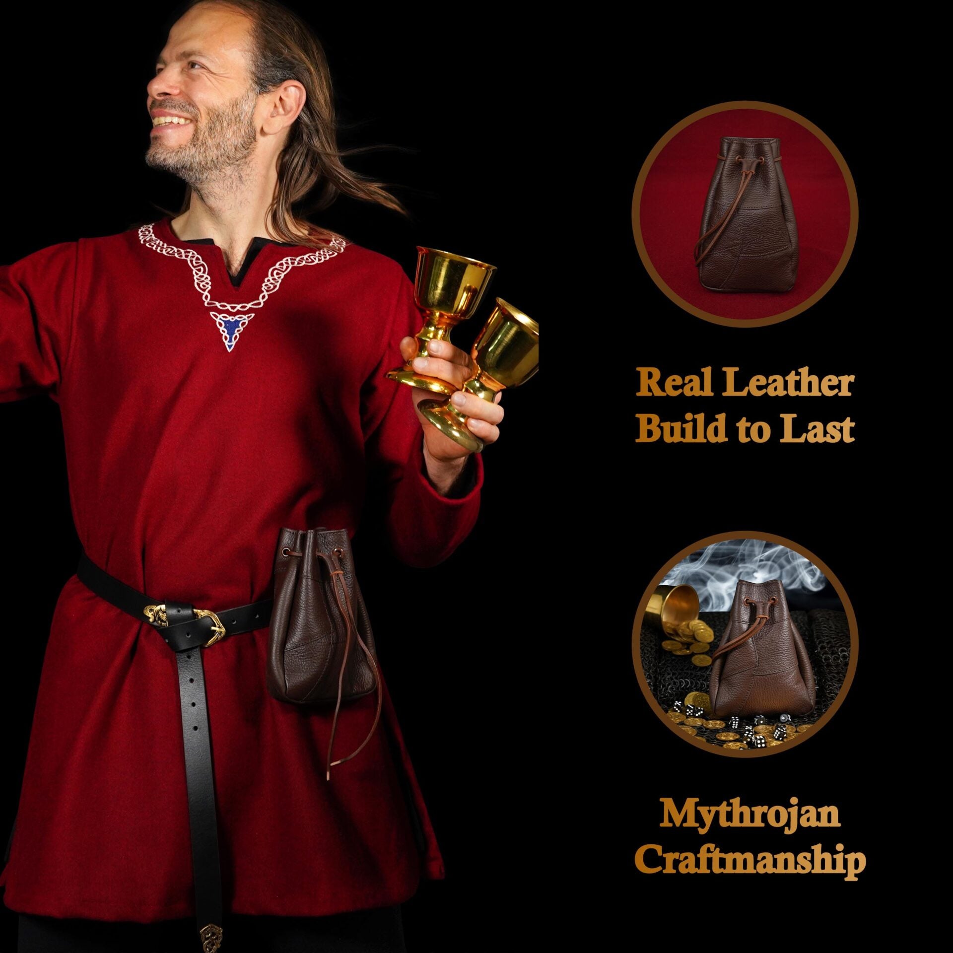 Imagen única de: Bolsa Medieval con Cordón Mythrojan, Marrón, 7"×5".