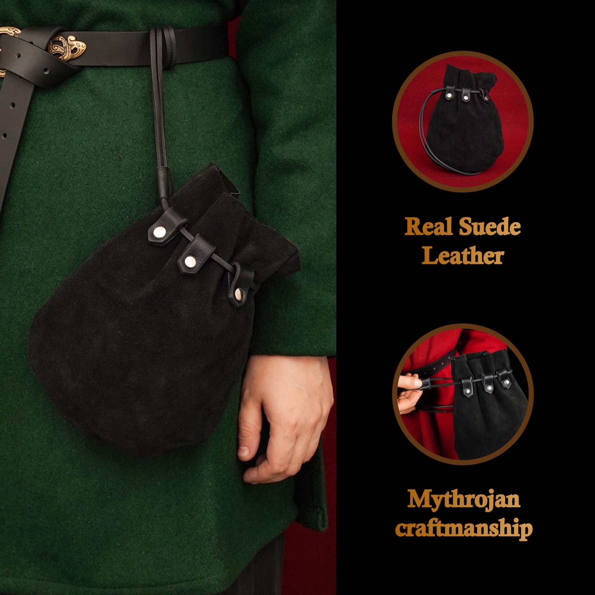 Bolsa de serraje medieval con cordón, monedero renacentista - imagen 13