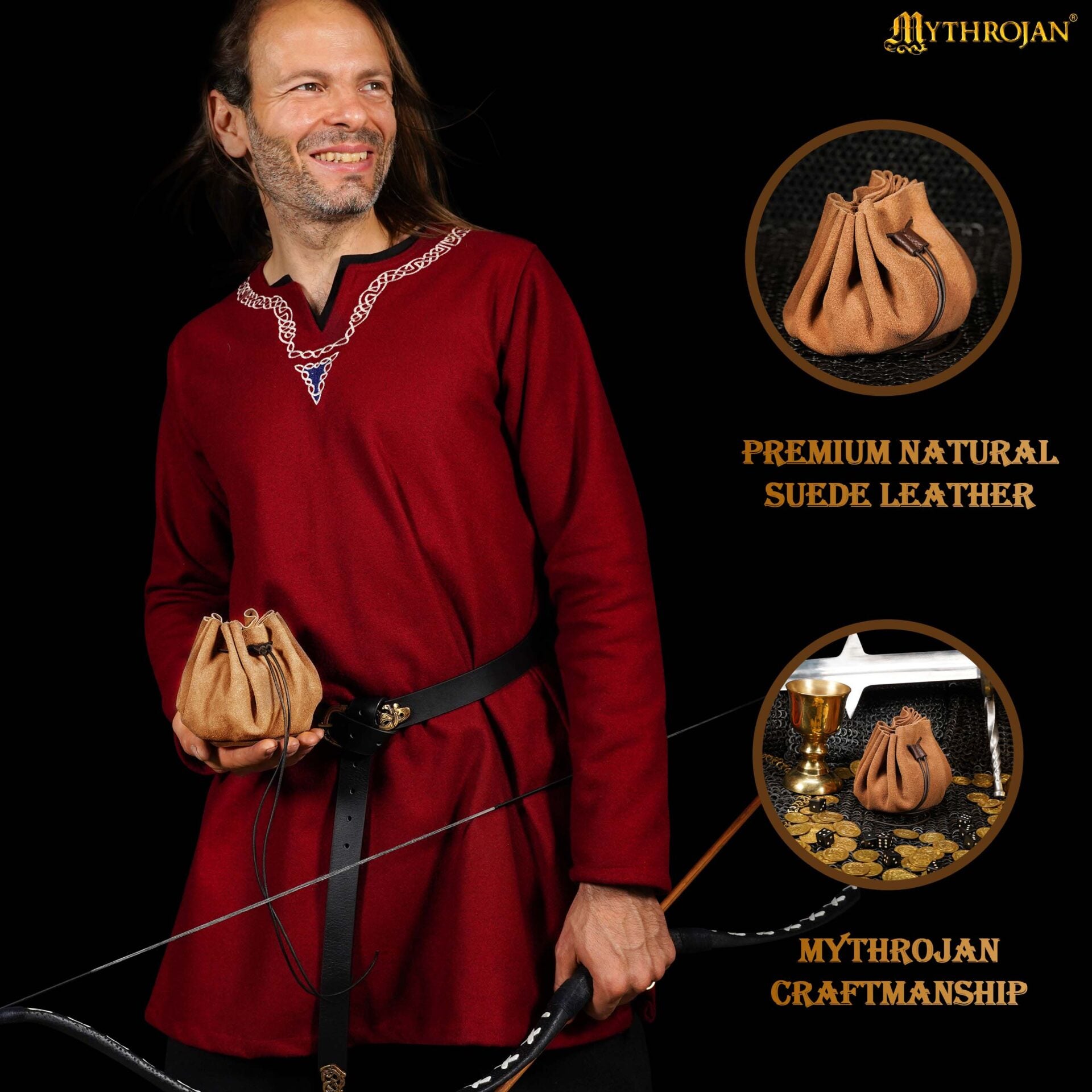 Imagen única de: Bolsa medieval de ante con cordón para monedas y dados