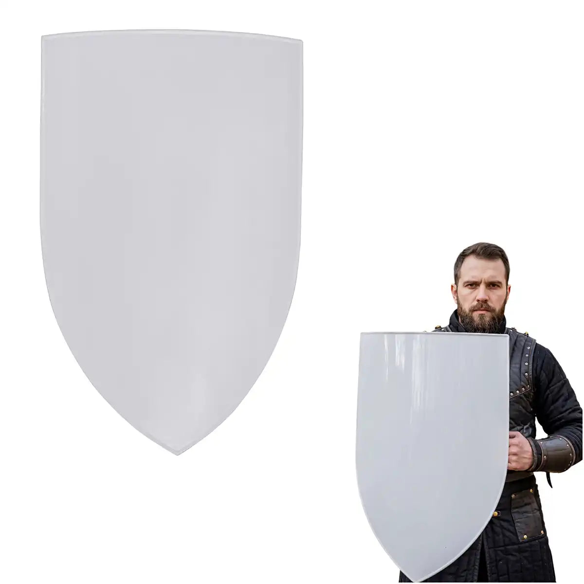 Escudo medieval tipo heater personalizable en acero, madera y cuero