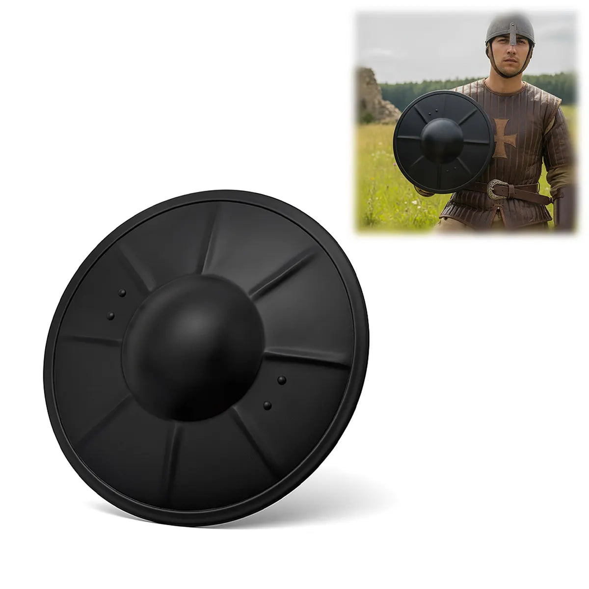 Buckler medieval redondo acanalado — acero calibre 16, 30,4 cm