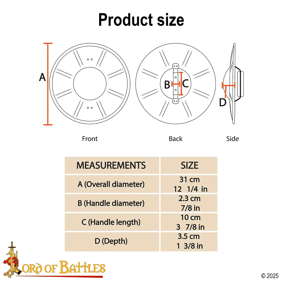 Buckler medieval redondo acanalado — acero calibre 16, 30,4 cm - imagen 3