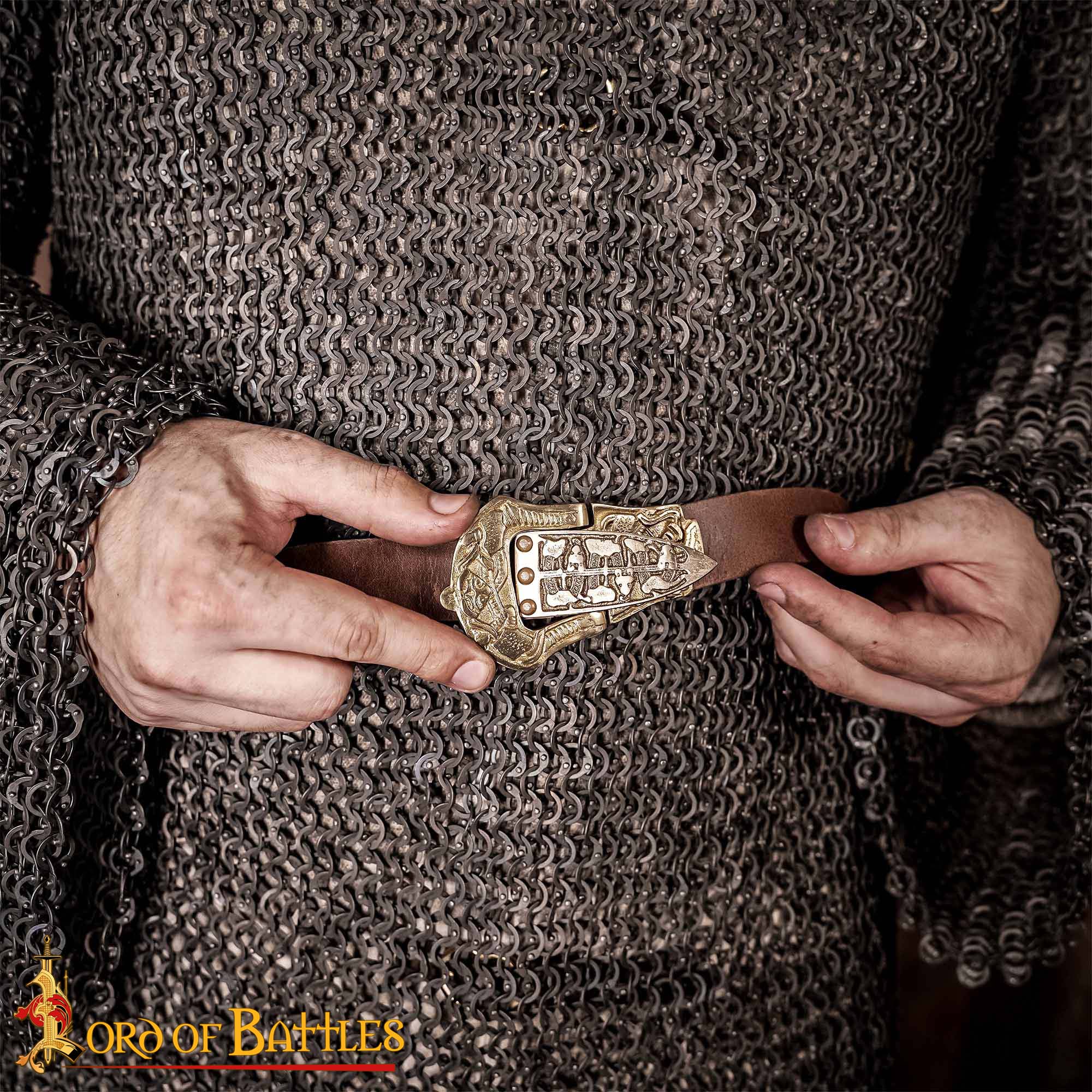 Cinturón Viking Reaver de cuero con hebilla y chape de latón macizo - imagen 10