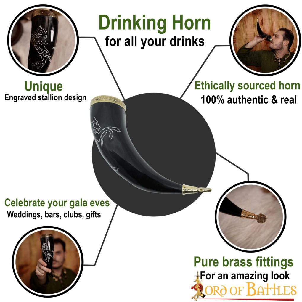 Imagen única de: Cuerno Medieval para Beber 300-350 Ml con Accesorios de Latón Macizo Puro Cuerno de Buey Auténtico