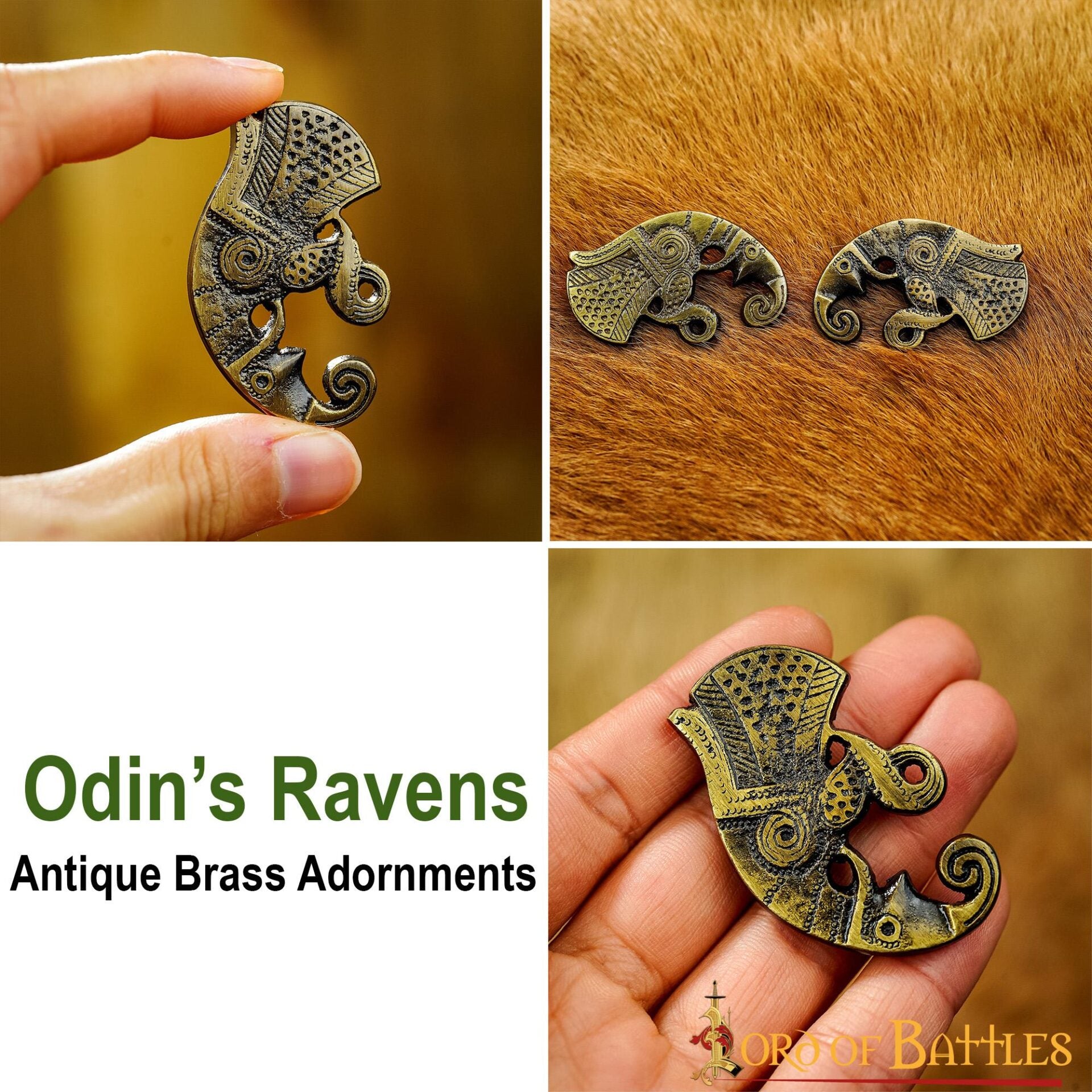 Monturas de Cuervo de Odín de Latón Antiguo - Par de Huginn y Muninn Vikingos para Marroquinería - Imagen 4