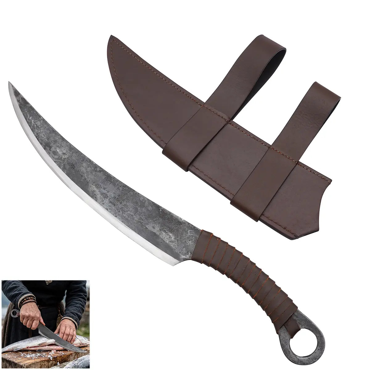 Cuchillo de cazador medieval forjado a mano con funda de cuero genuino