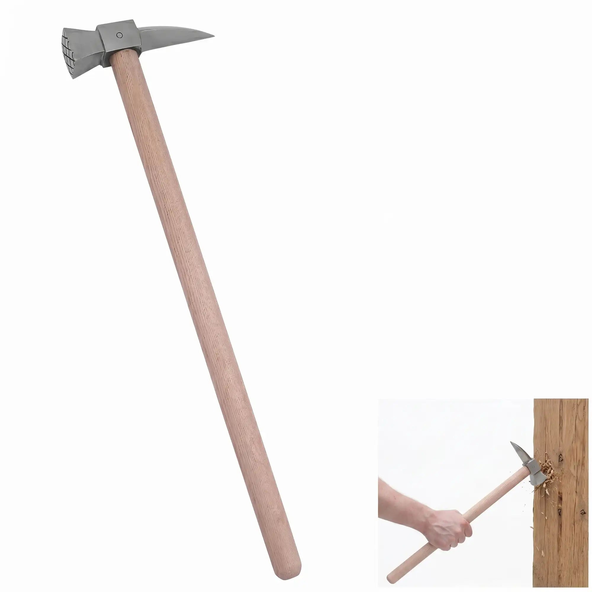 Martillo de guerra medieval con cabeza de acero al carbono y mango de fresno