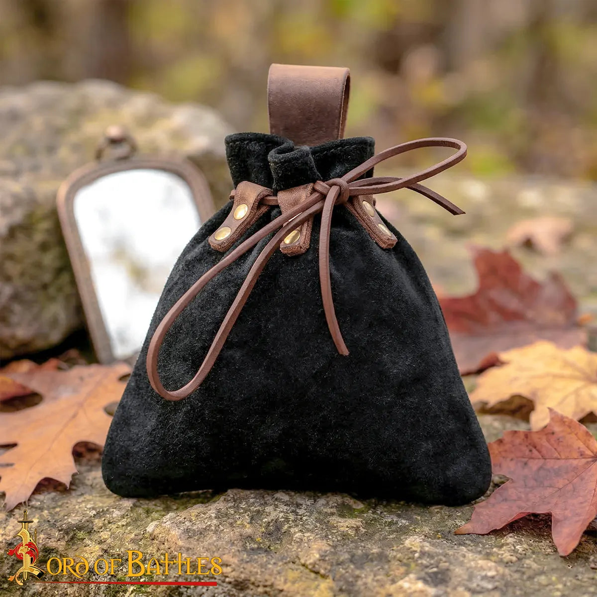 Bolsa de cinturón medieval de cuero con cordón - Negro - imagen 8