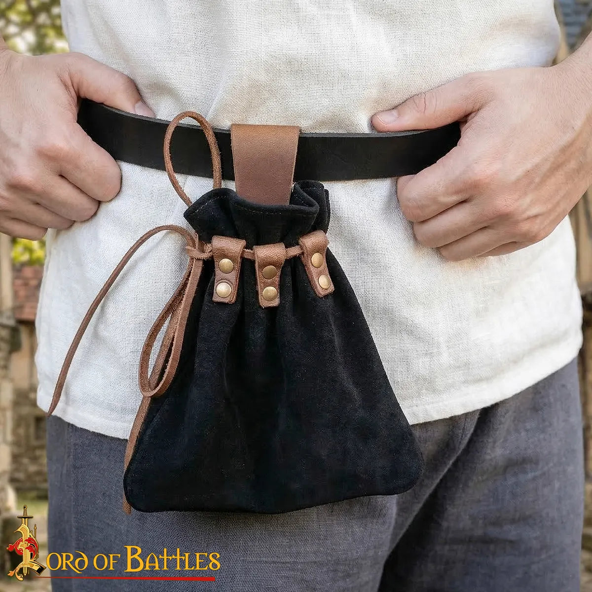 Bolsa de cinturón medieval de cuero con cordón - Negro - imagen 2