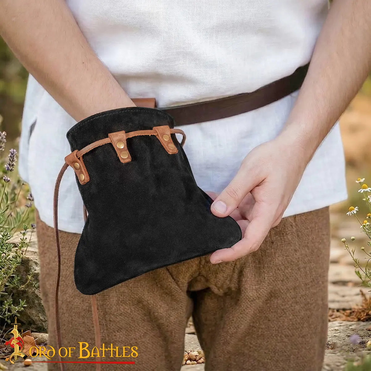 Bolsa de cinturón medieval de cuero con cordón - Negro - imagen 10