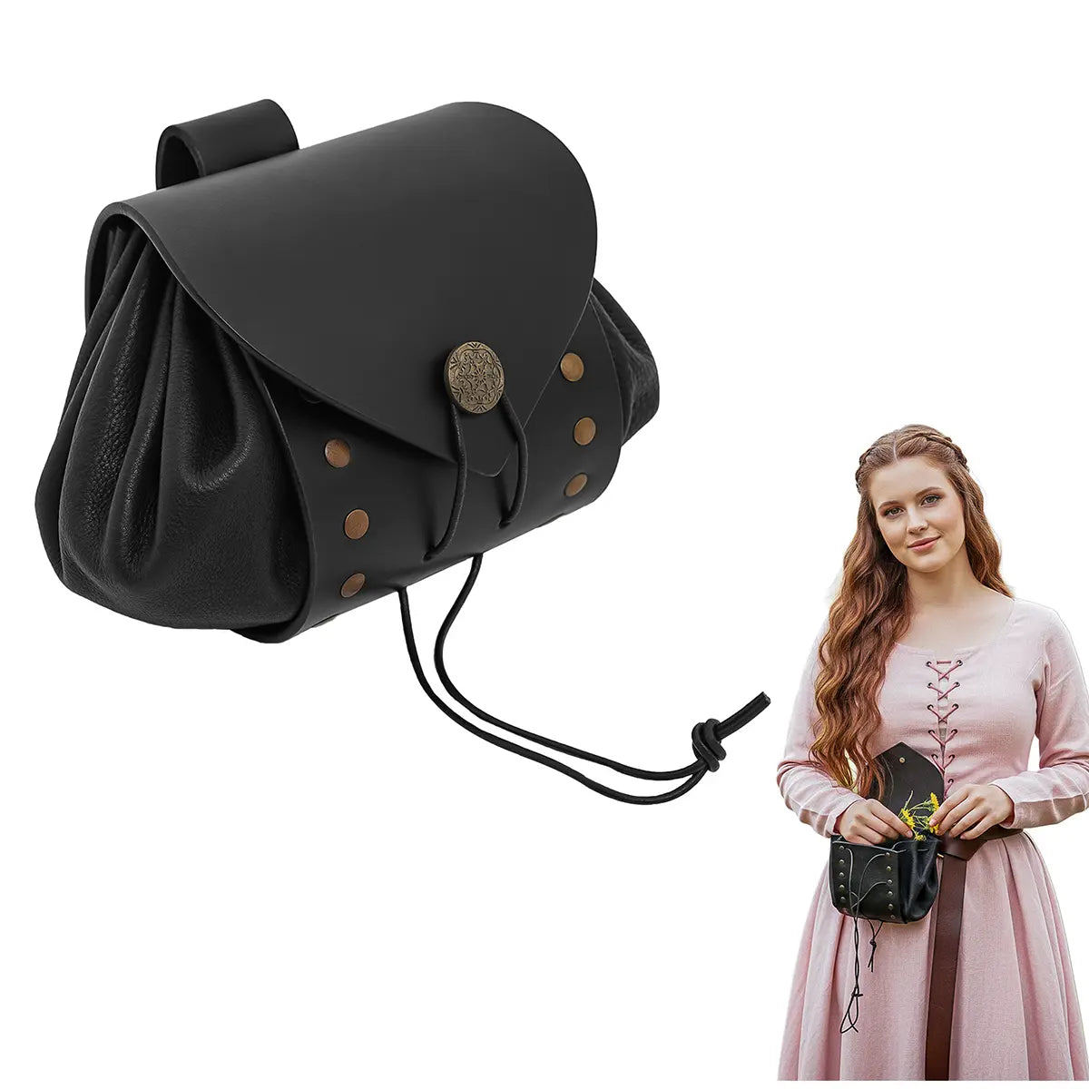 Bolsa de cinturón medieval de cuero con botón de latón envejecido - Marrón