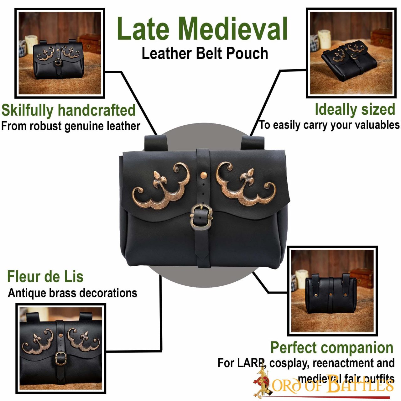 Imagen única de: Bolsa de cinturón medieval de cuero con adornos de latón