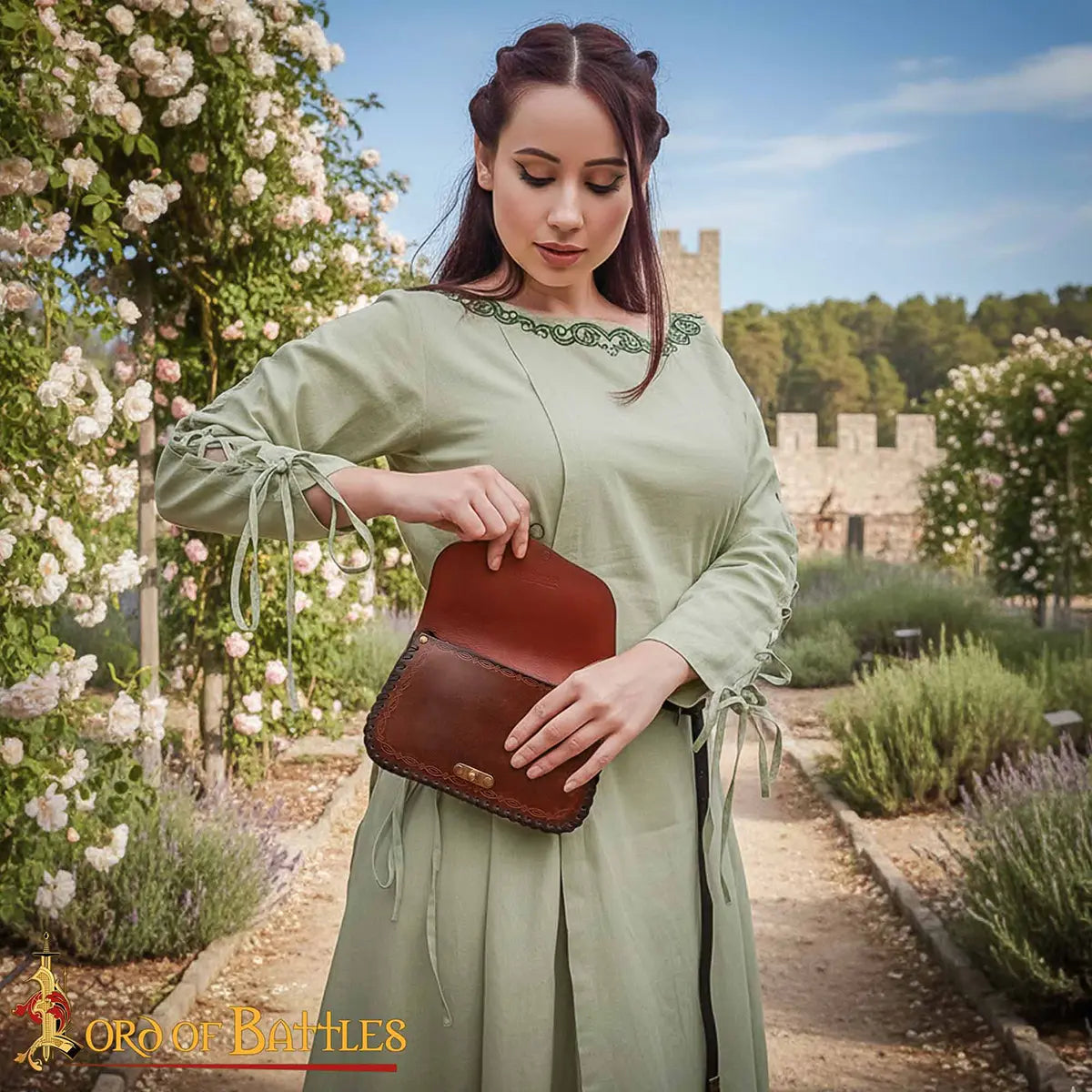 Bolsa de cinturón medieval en cuero, estilo hechicero (Siglo XIV) — Verde - imagen 7