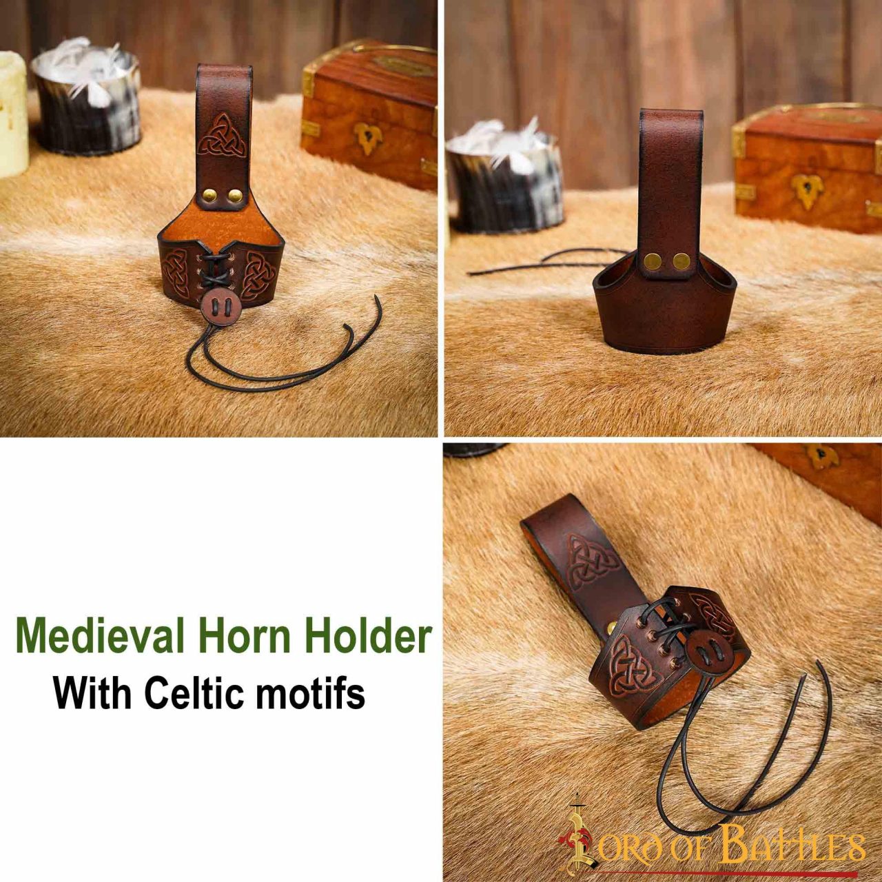 Funda para cuerno de cuero con nudo celta y remaches de latón (S, L) - imagen 11