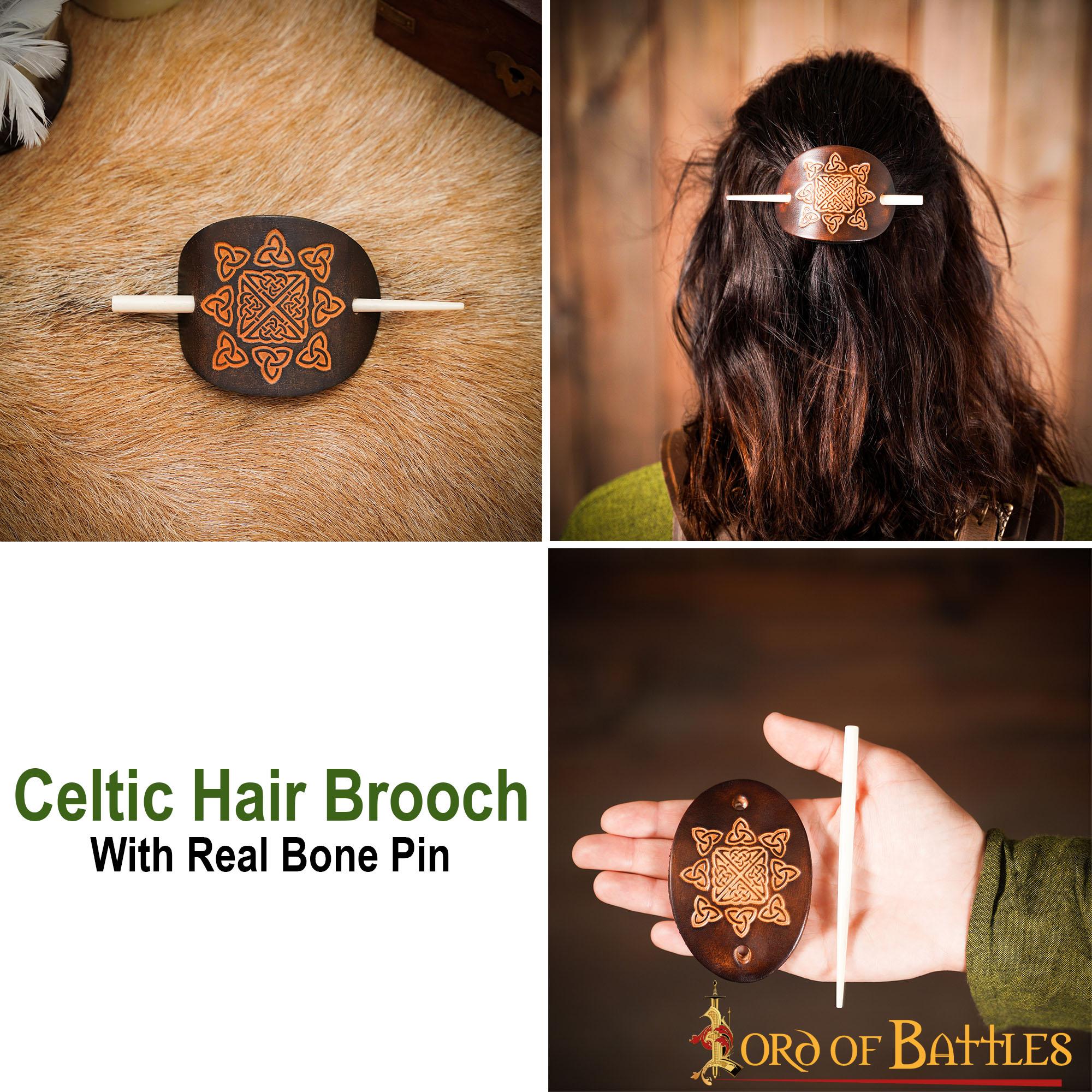 Broche de cuero genuino con grabado celta y pasador de hueso - imagen 13