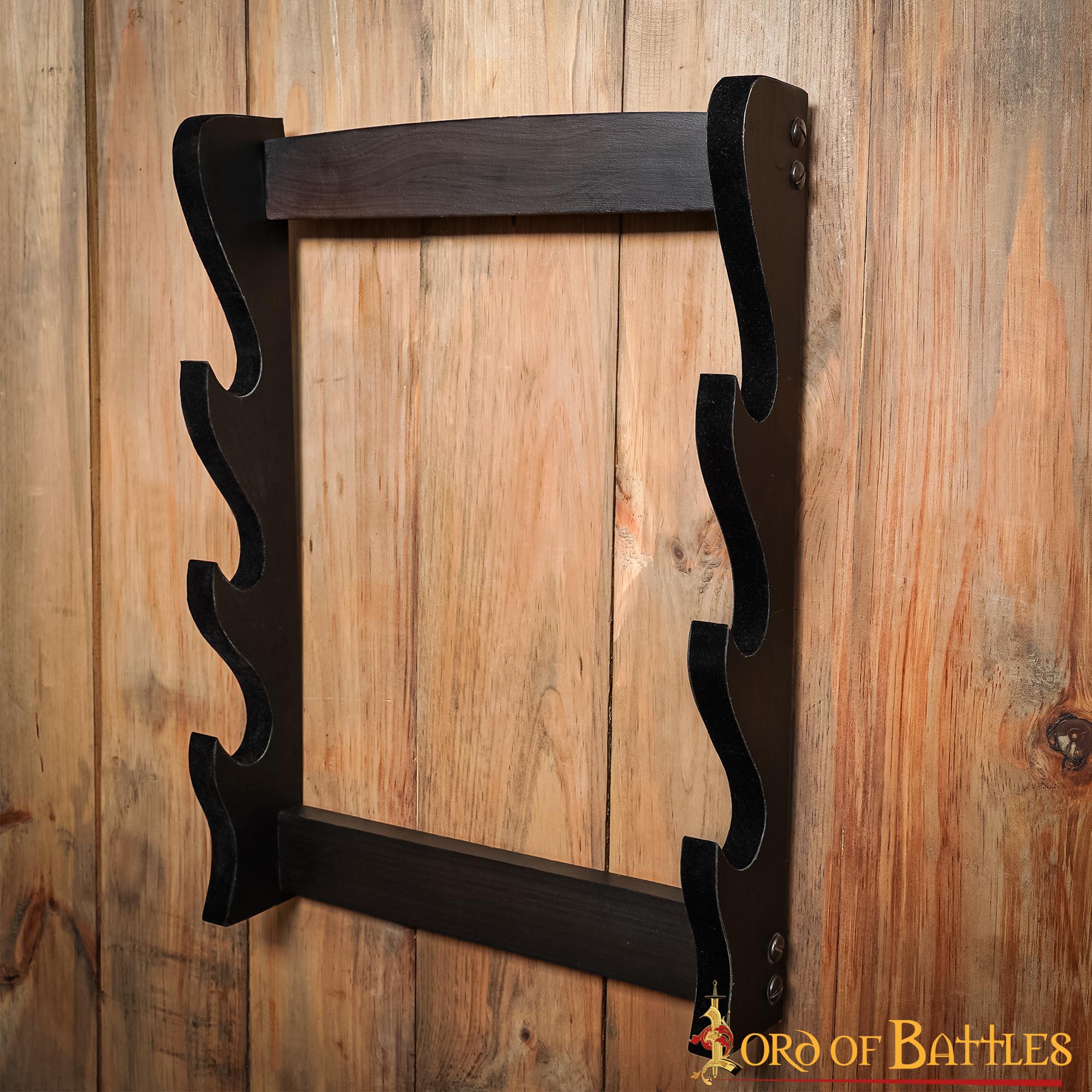 Imagen única de: Expositor de pared de madera, 3 niveles — para espadas y hachas (artesanal) - imagen 6