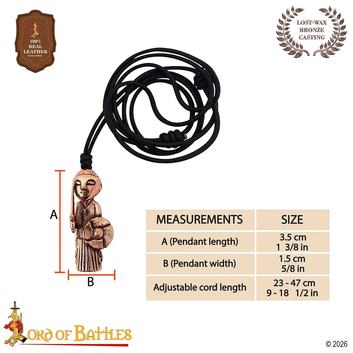 Colgante Valquiria vikingo en bronce con cordón de cuero ajustable - imagen 3