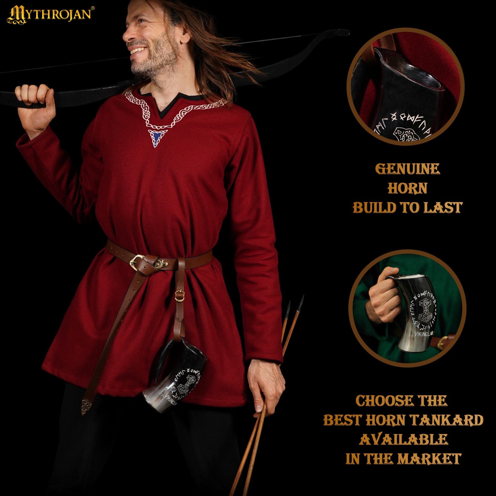 Imagen única de: Cuerno de beber Mjölnir con diseño rúnico y correa de cuero
