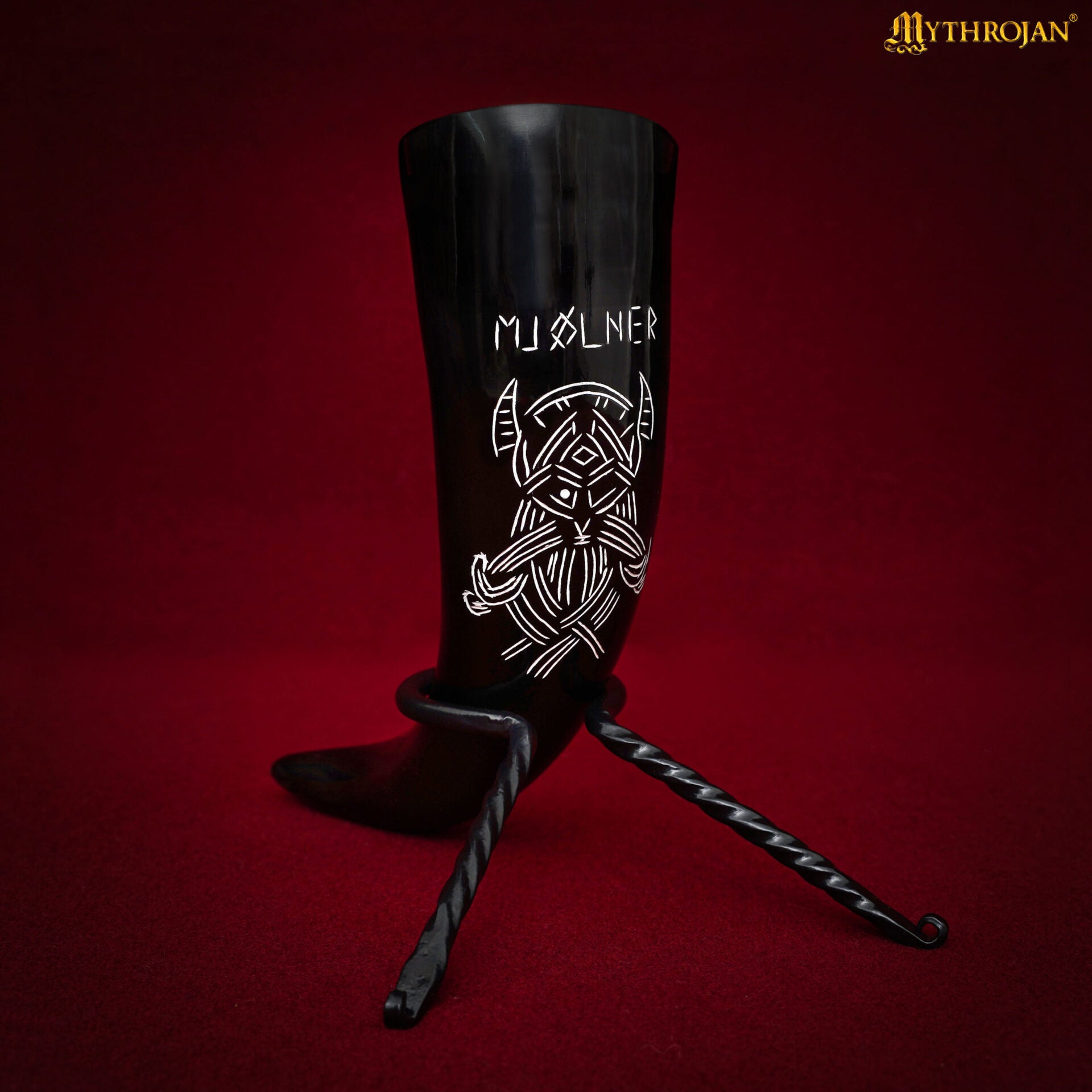 Cuerno vikingo para beber (400 ml) — cuerno de buey grabado a mano con funda - Valknut Warrior