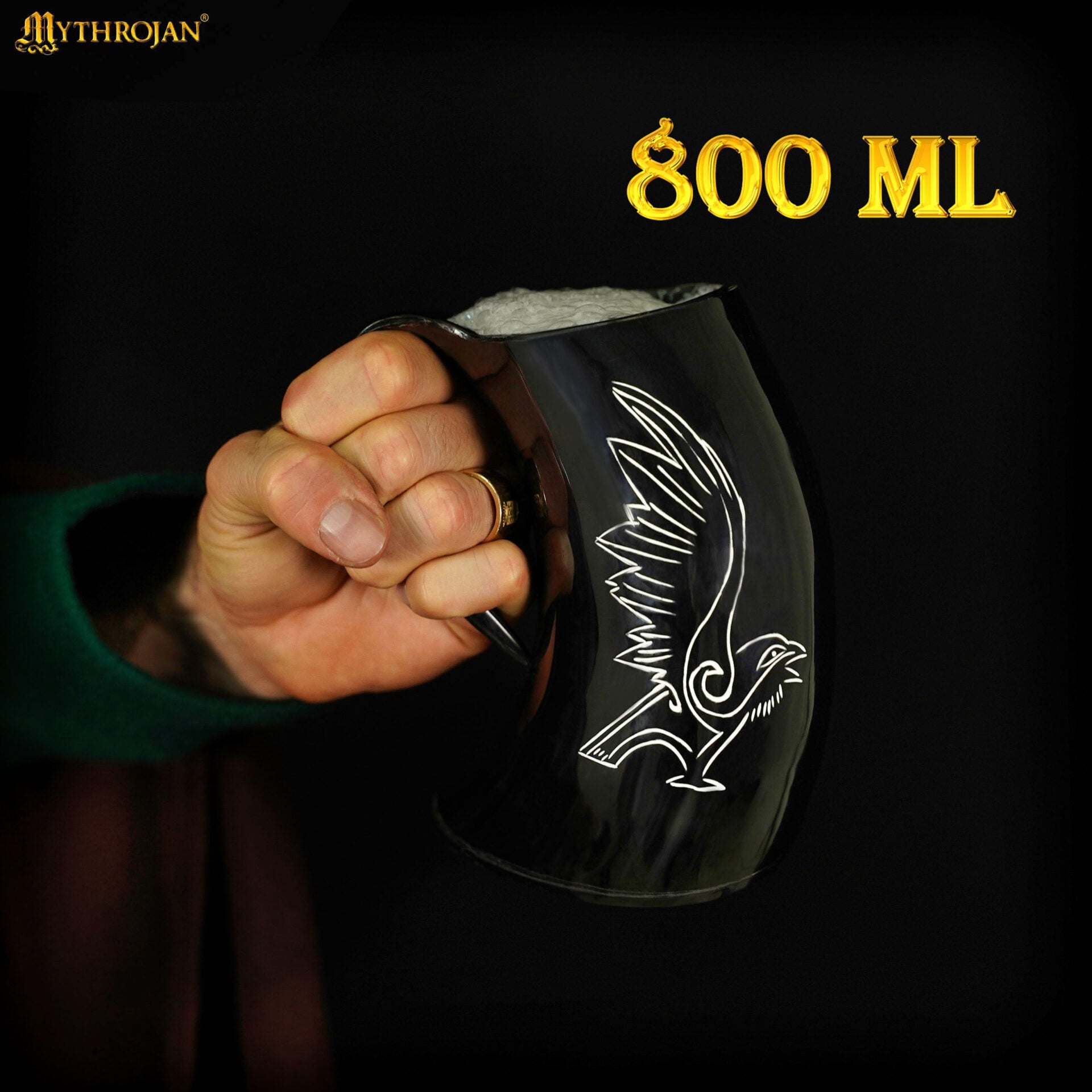 Jarra vikinga de cuerno de buey con soporte de cuero y hebilla de latón - imagen 4