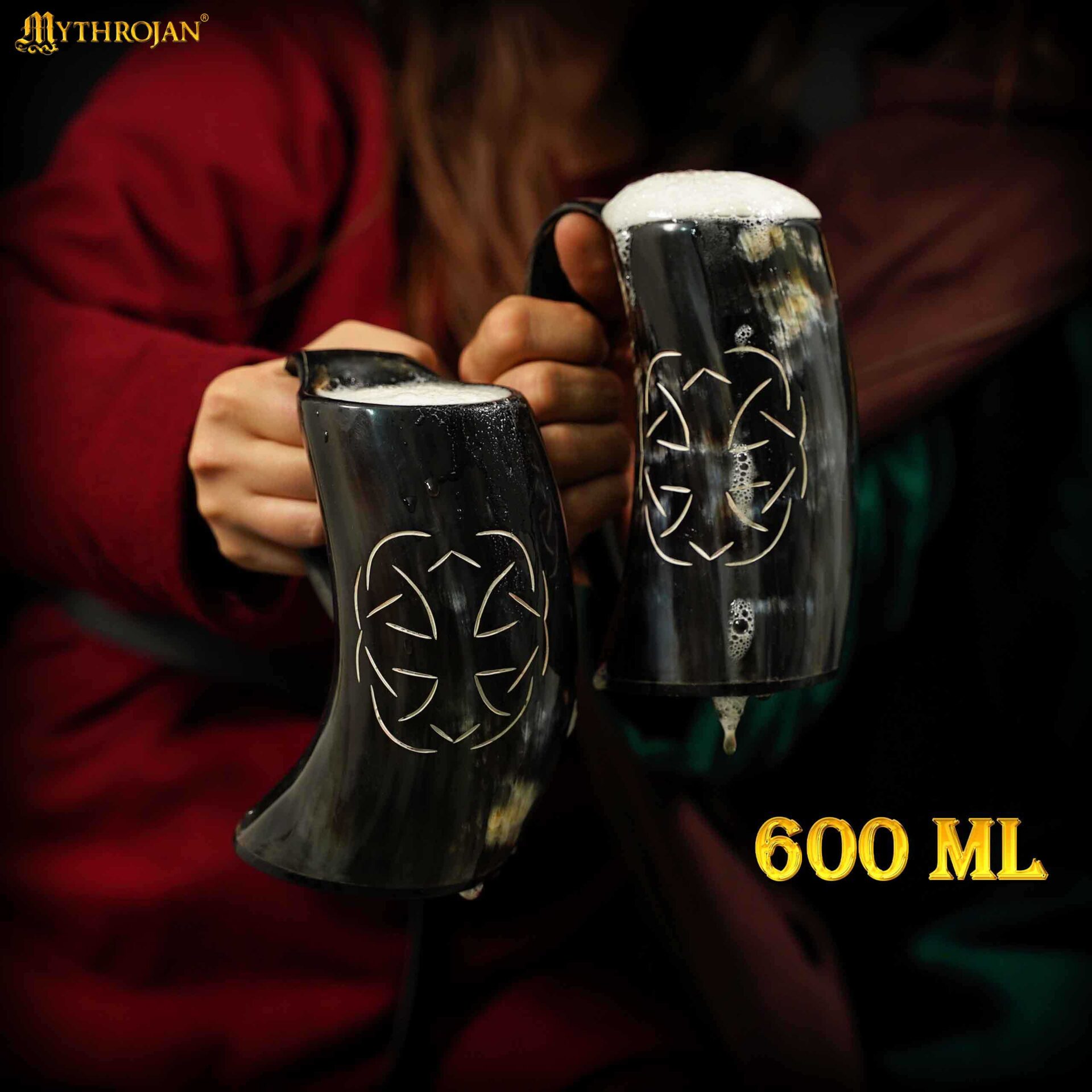 Cuerno vikingo para beber con grabado geométrico y correa de cuero - imagen 8