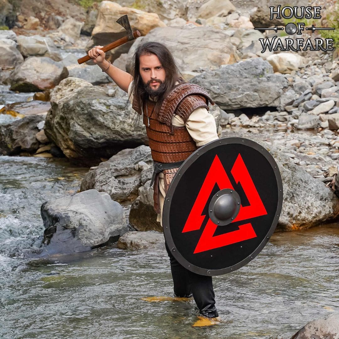 Escudo Vikingo Valknut - Escudo Redondo de Madera con el Símbolo de Odín y Jefe de Acero - Imagen 2