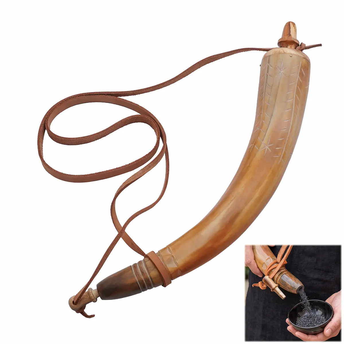 Mythrojan Hand Carved Gunpowder Horn 14" with Natural Leather Strap