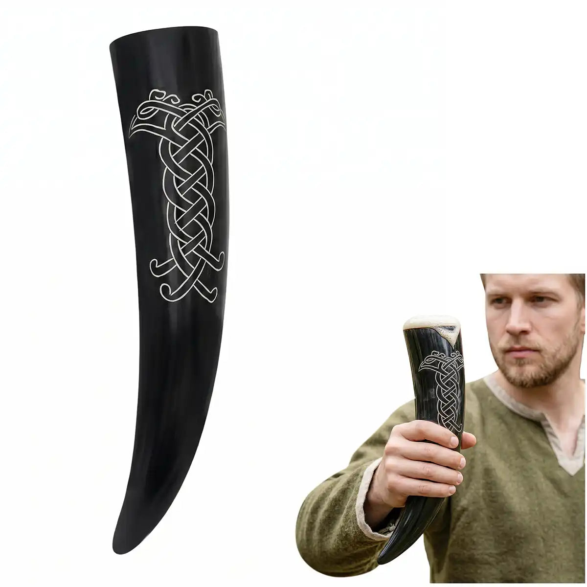 Cuerno vikingo de beber 400 ml con grabados y bolsa