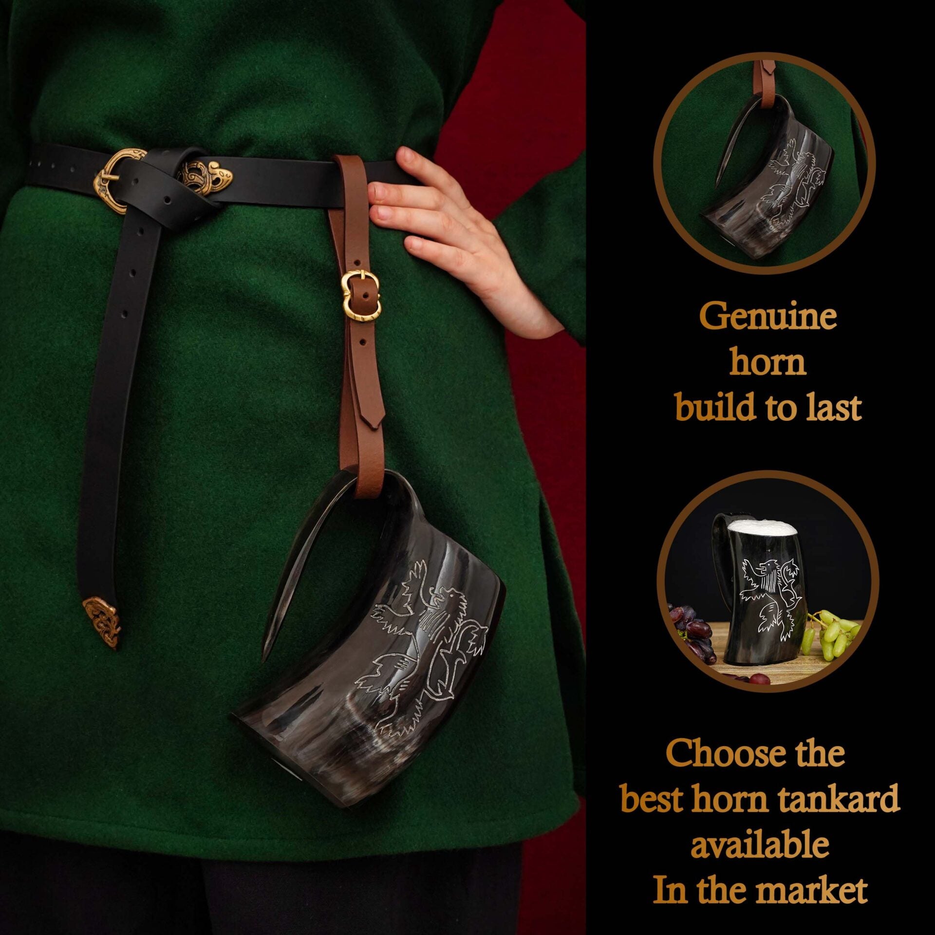 Jarra vikinga de cuerno de buey grabada con funda de cuero - imagen 15