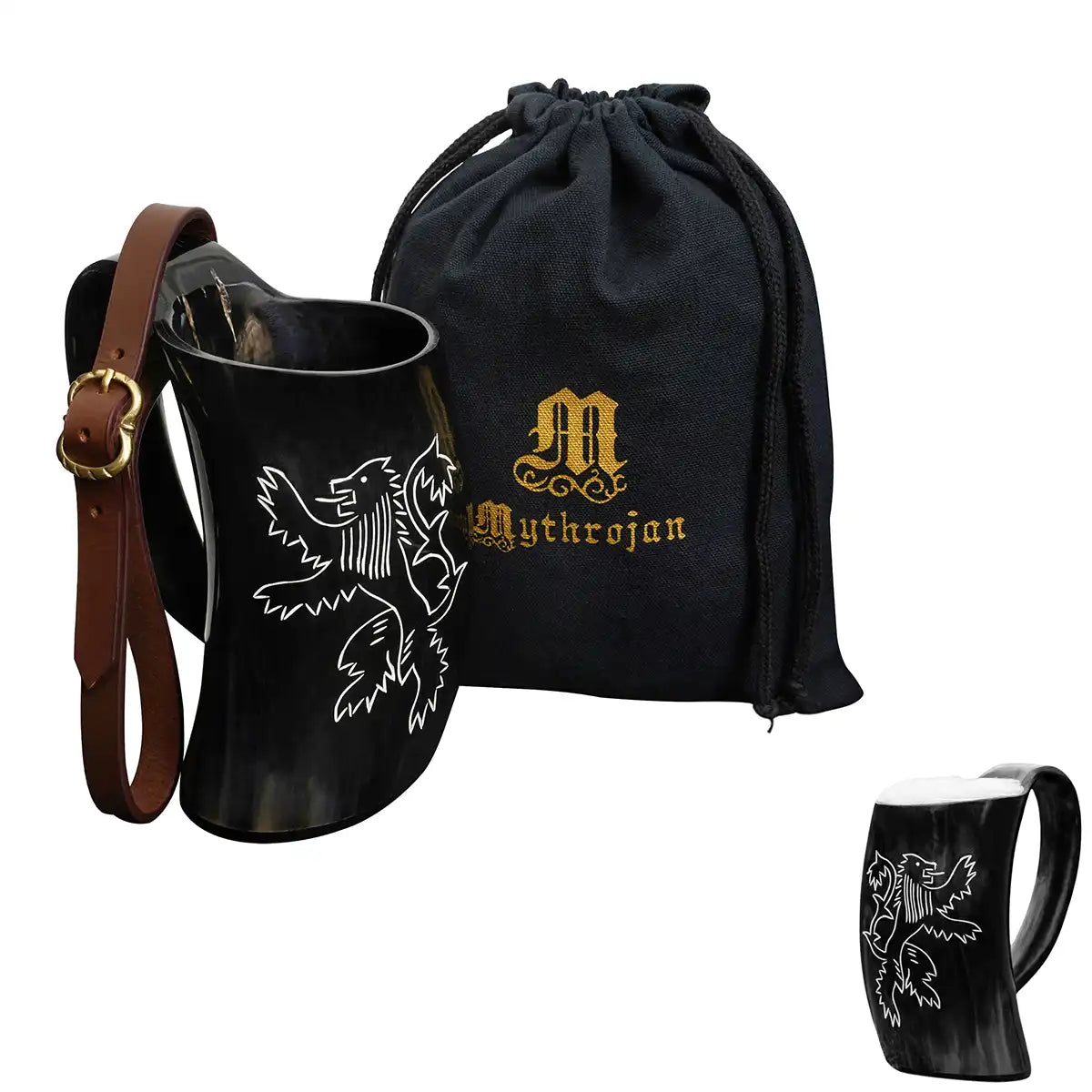 Jarra de cuerno vikinga grabada con portacinturón de cuero — 600 ml