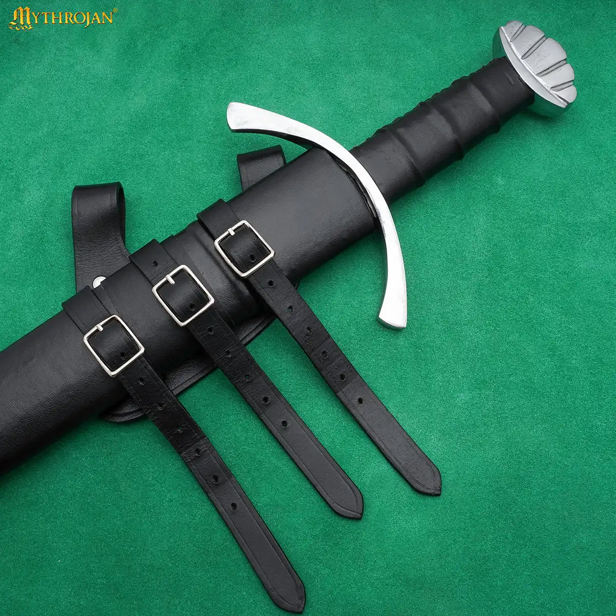 Baldric renacentista de cuero para espada, triple hebilla (Negro, Marrón)