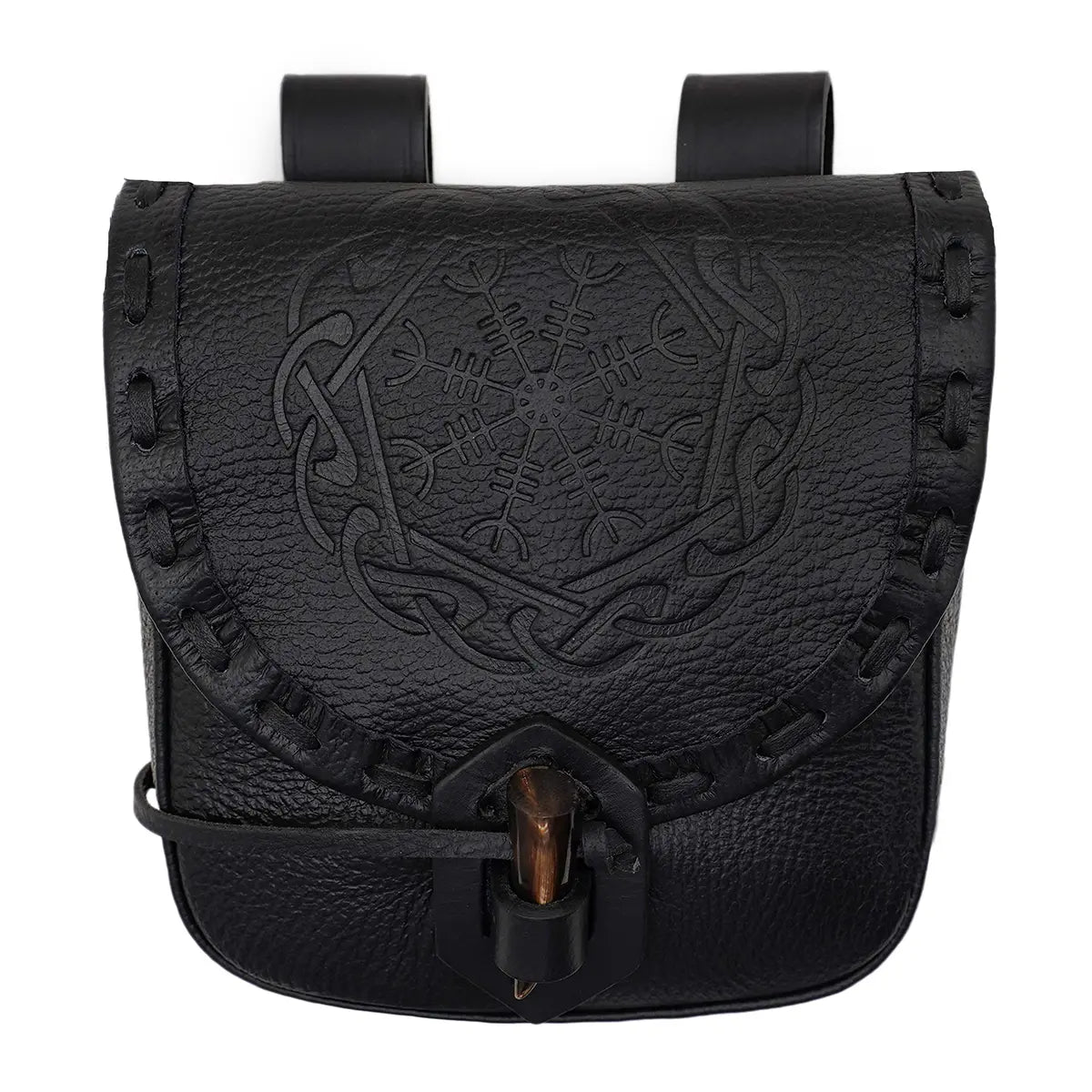 Bolsa de cinturón medieval en cuero con cierre de cuerno y repujado
