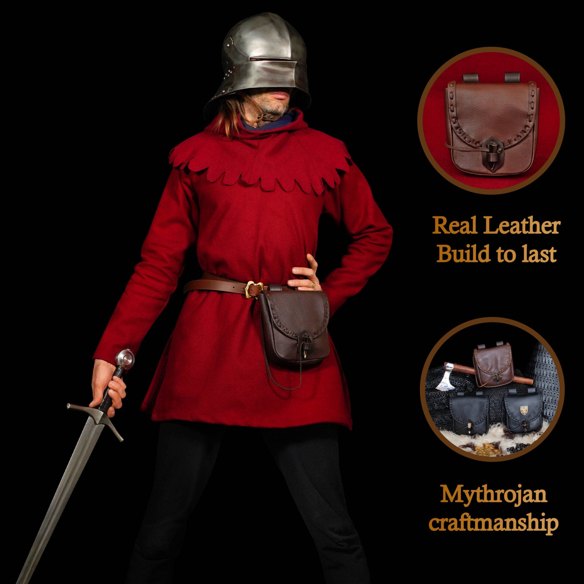 Bolsa de cinturón medieval de cuero con cierre de cuerno - imagen 37