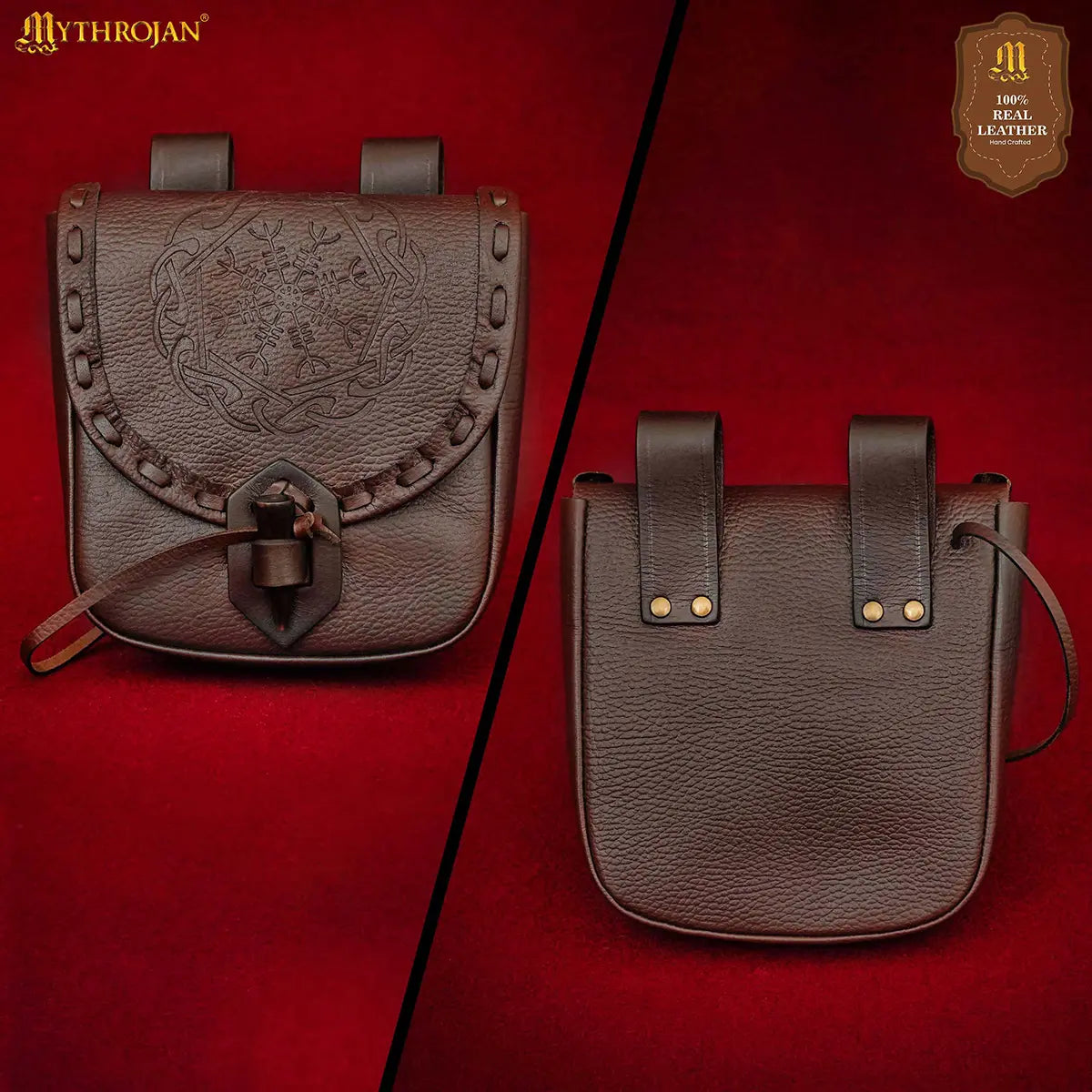 Bolsa de cinturón medieval en cuero con cierre de cuerno y repujado